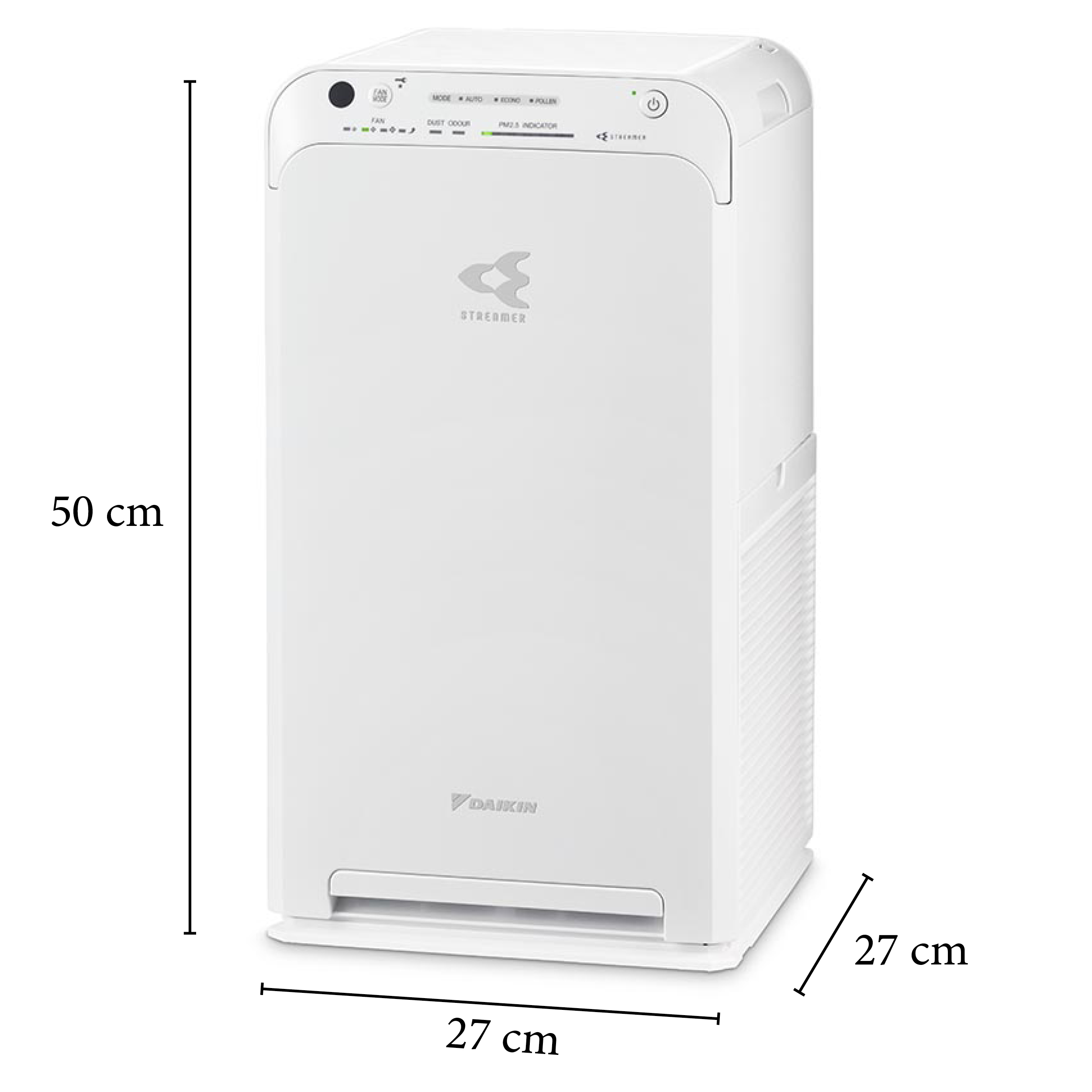 Purificateur d'air blanc avec dimensions 27x27x50 cm, avec un logo Daikin.