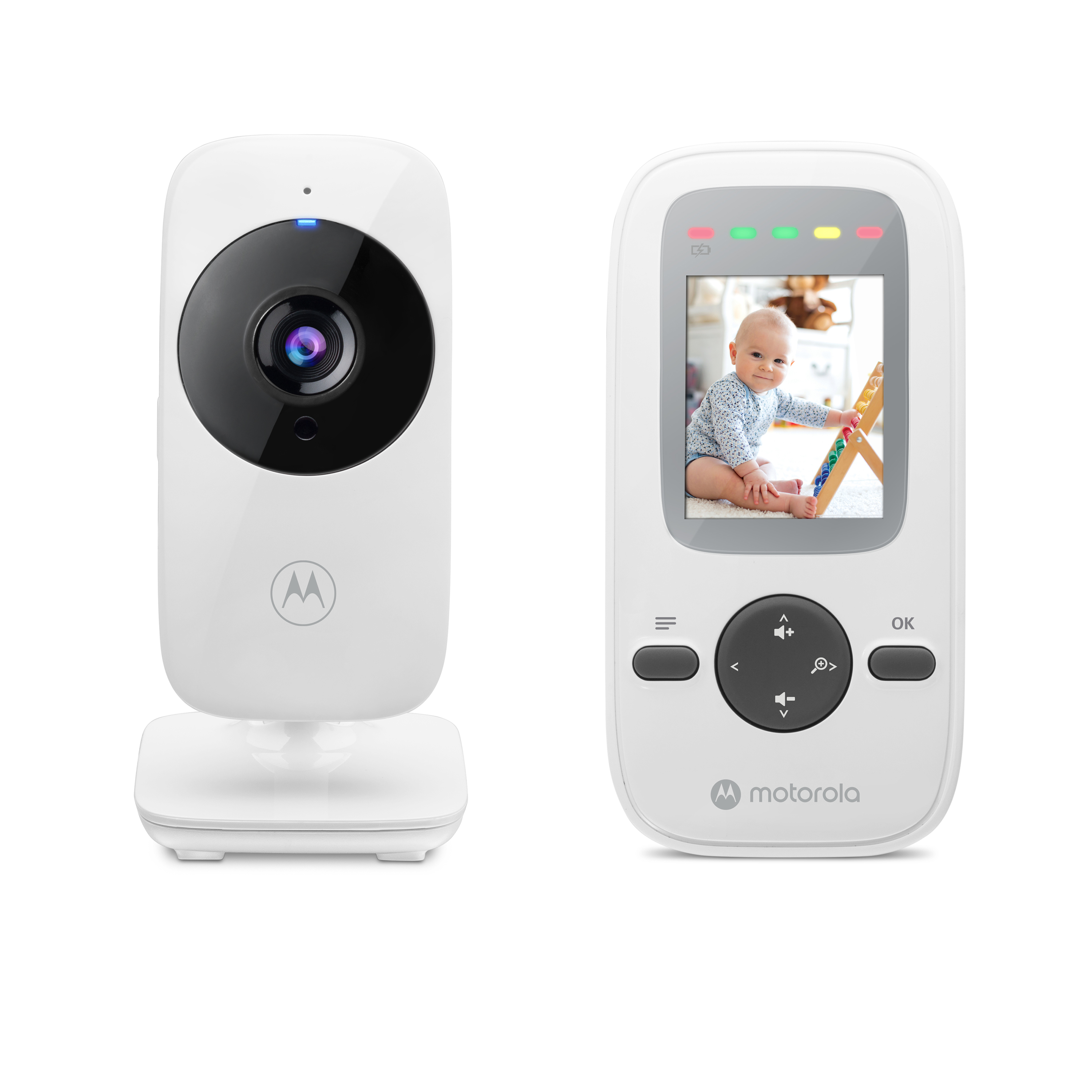 Ein weißes Babyphone-Set mit Kamera und Display, das ein Baby zeigt.