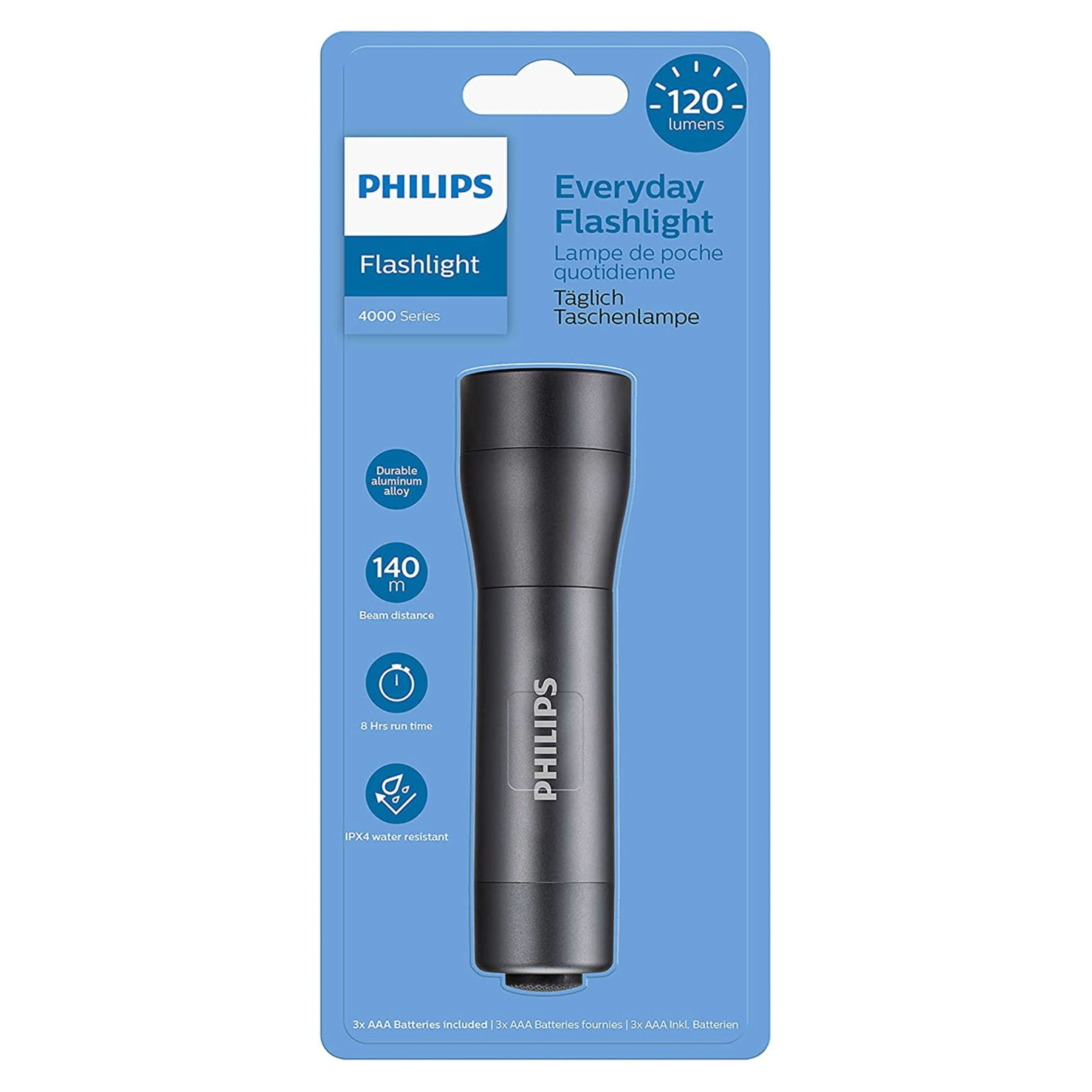 Torcia Philips nera su confezione blu e bianca. Ha una distanza del fascio di 140 m.