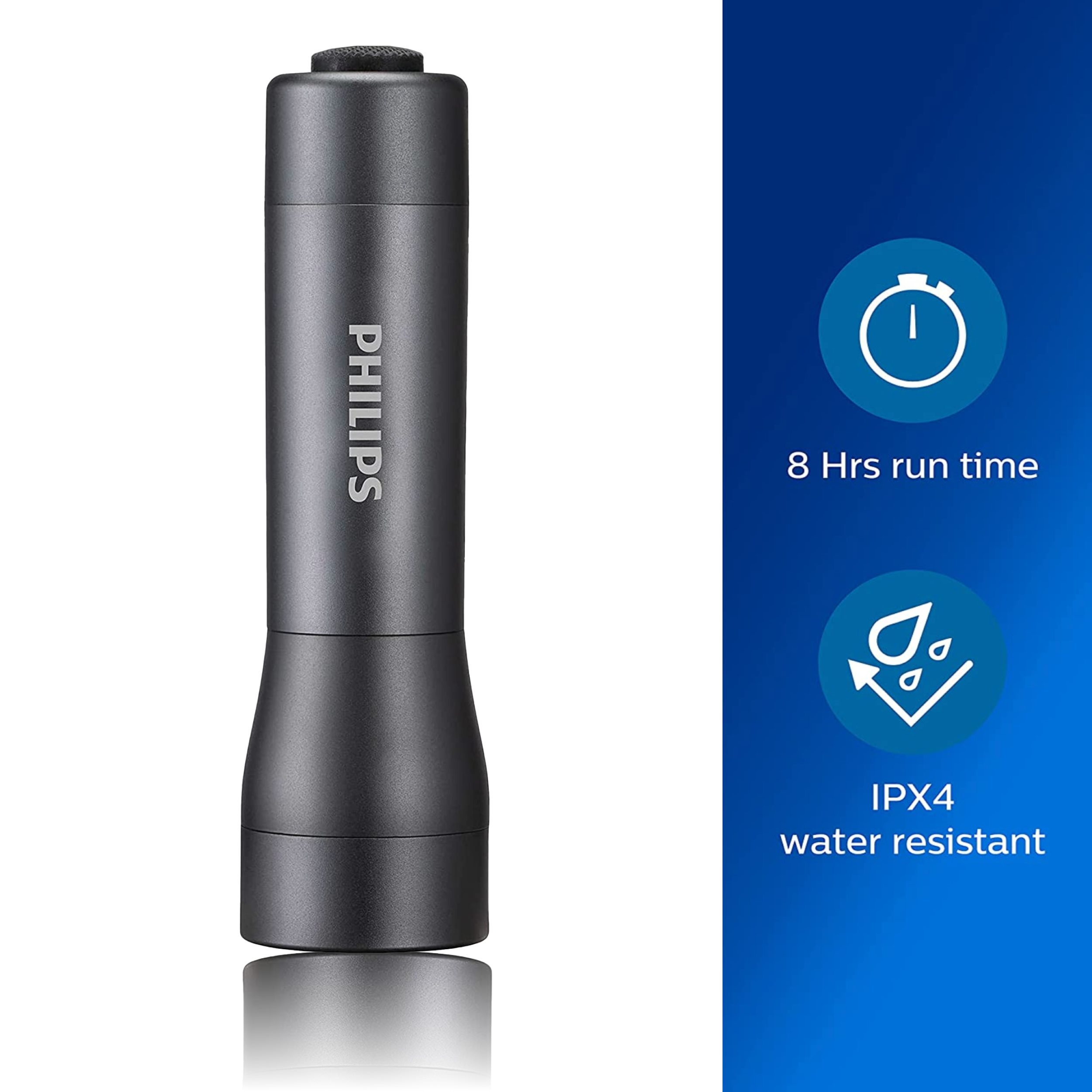 Una torcia Philips grigia. Mostra il logo Philips e il testo sulla resistenza all'acqua e il tempo di funzionamento.