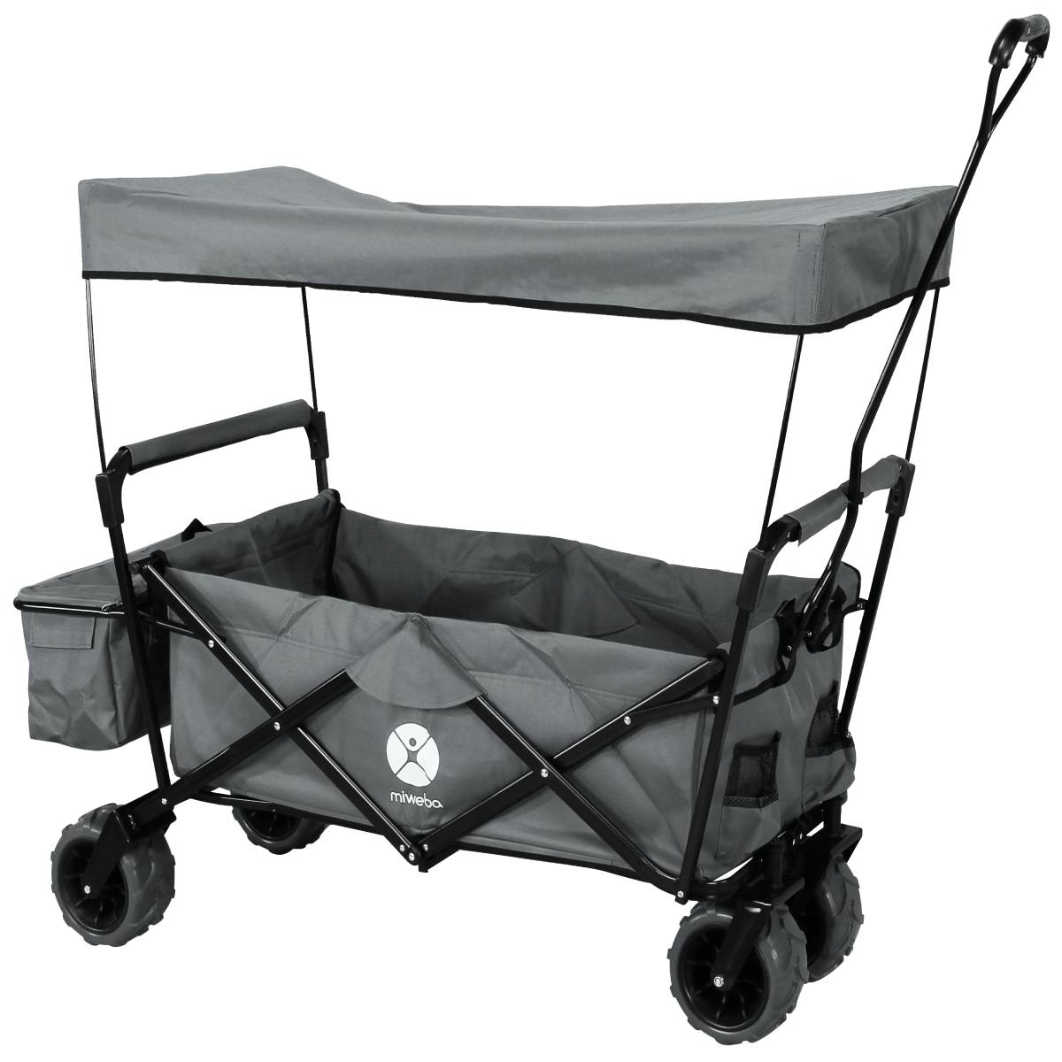 Grauer zusammenklappbarer Wagen mit Verdeck. Hat schwarze Räder, Griffe und Staufächer. Ein praktischer Outdoor-Gegenstand.