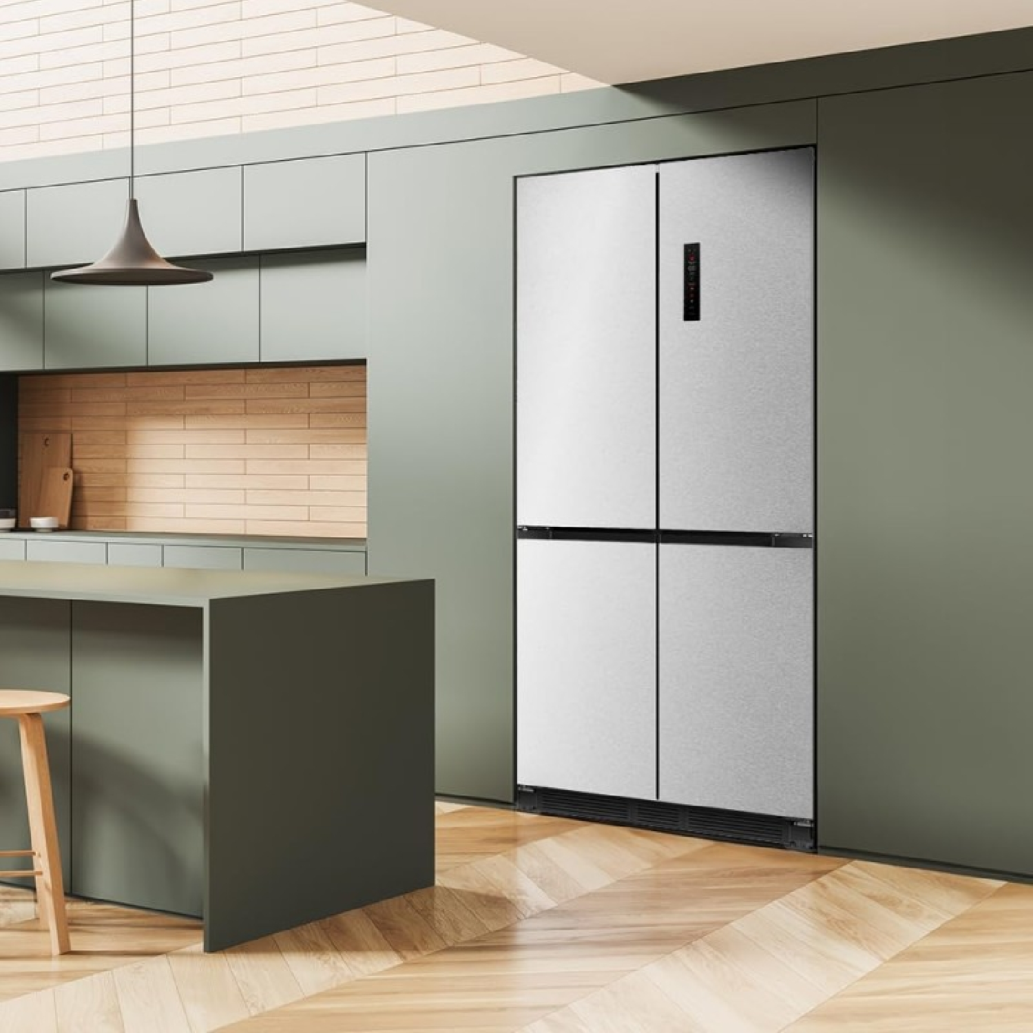 Kuchnia z zielonymi szafkami i lodówką ze stali nierdzewnej. Stołek i blat.