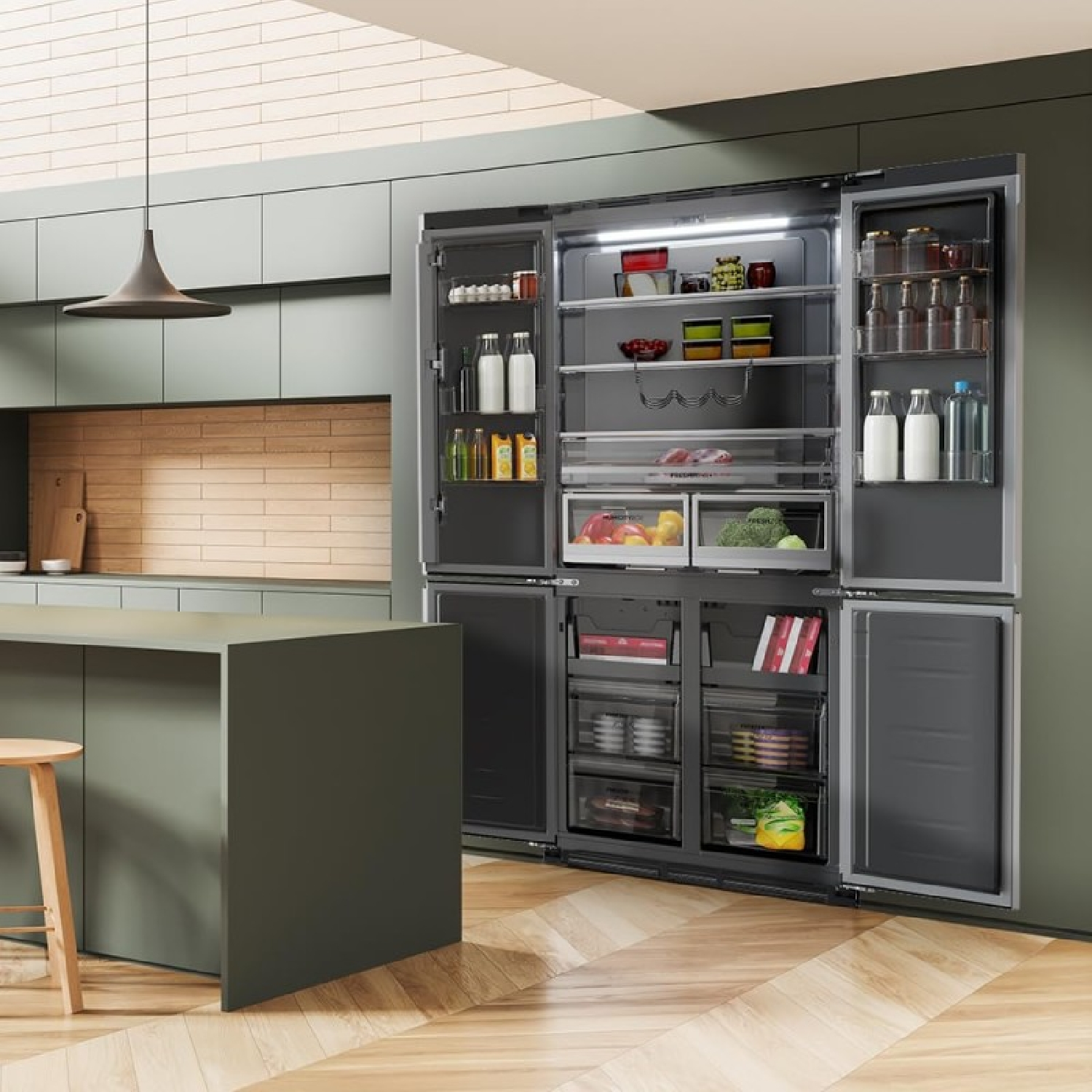 Nowoczesna kuchnia z otwartą lodówką pełną jedzenia.