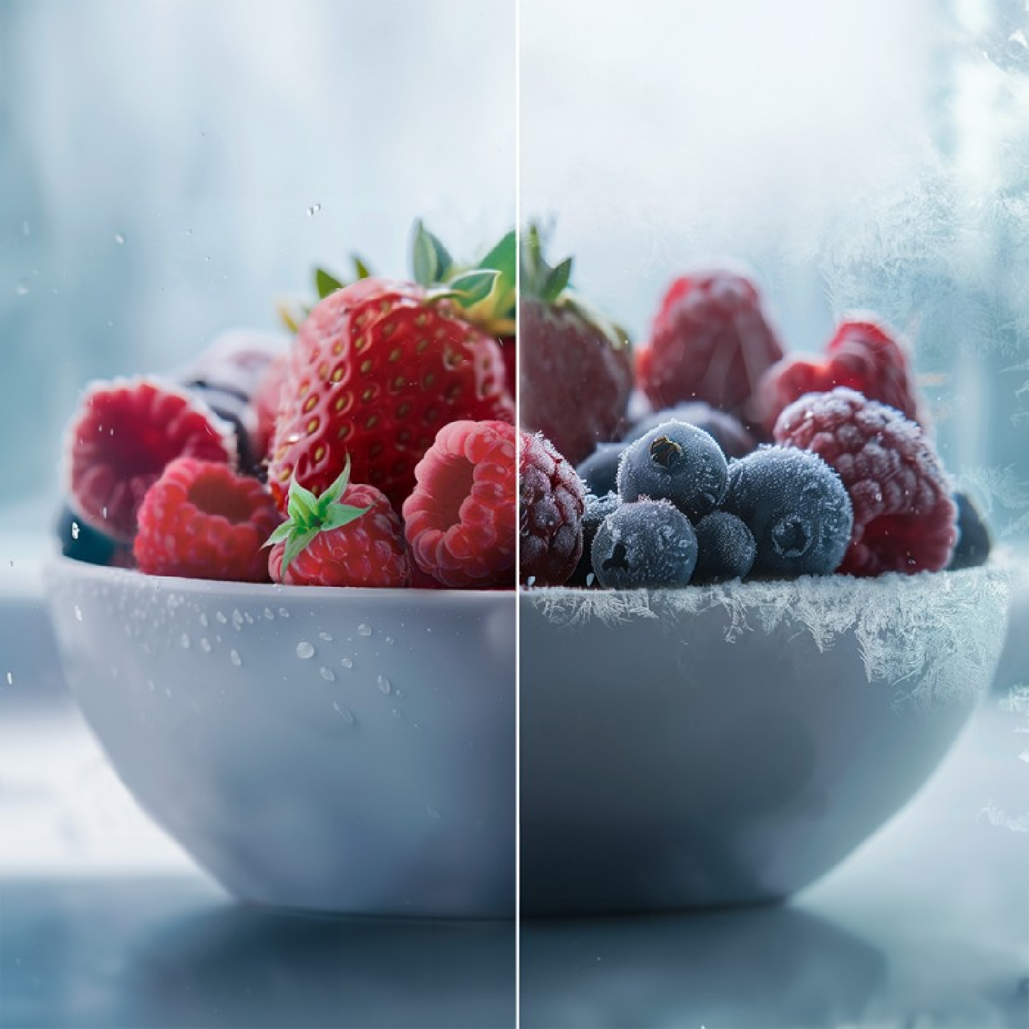 Miska jagód, w połowie zamrożonych. Truskawki, maliny i borówki.