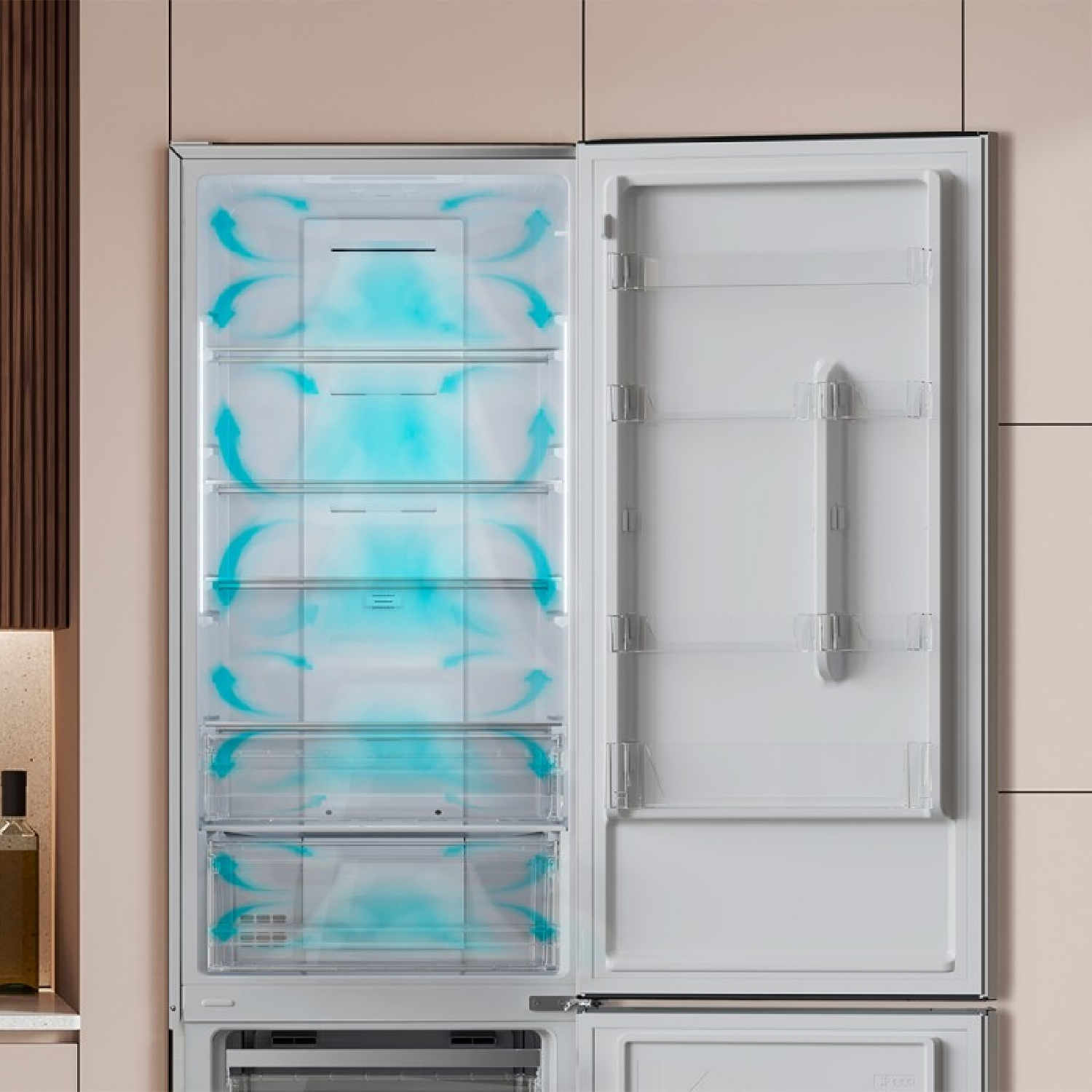 Interior de refrigerador abierto. Visualización de flujo de aire azul. Estantes y cajones de plástico transparentes.
