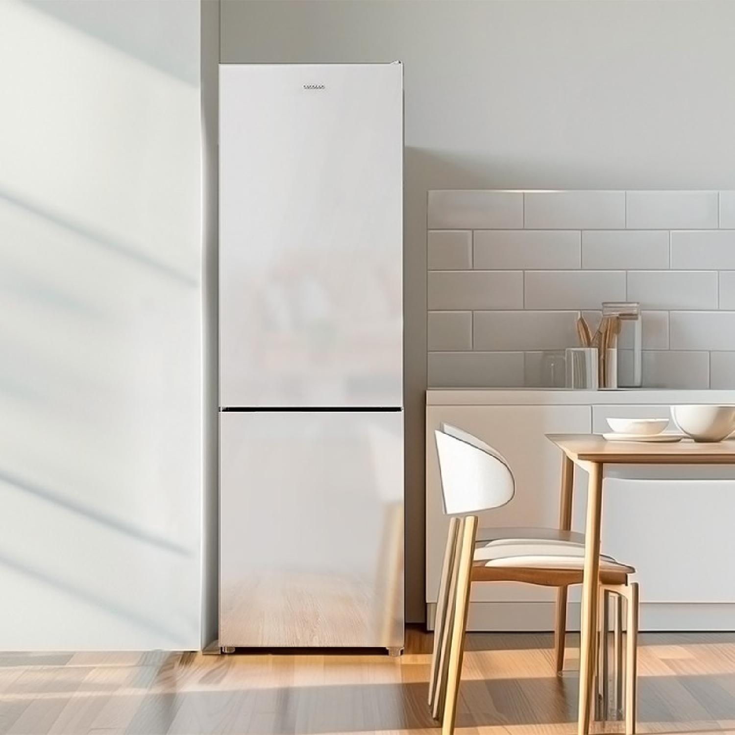 Frigorifero bianco in una cucina con un tavolo di legno e sedie bianche.