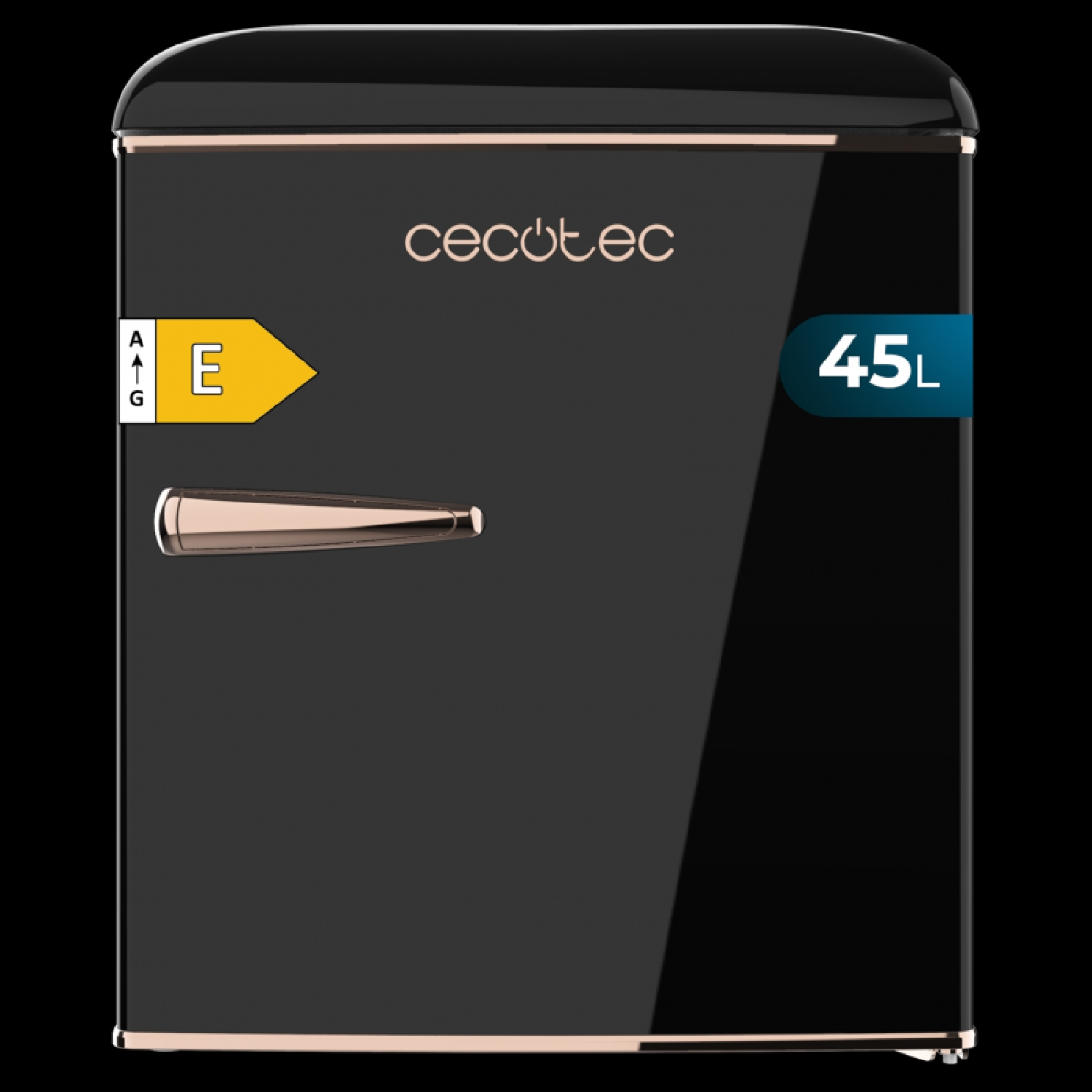 Czarna lodówka retro ze złotym wykończeniem, etykieta energetyczna E i pojemność 45L.