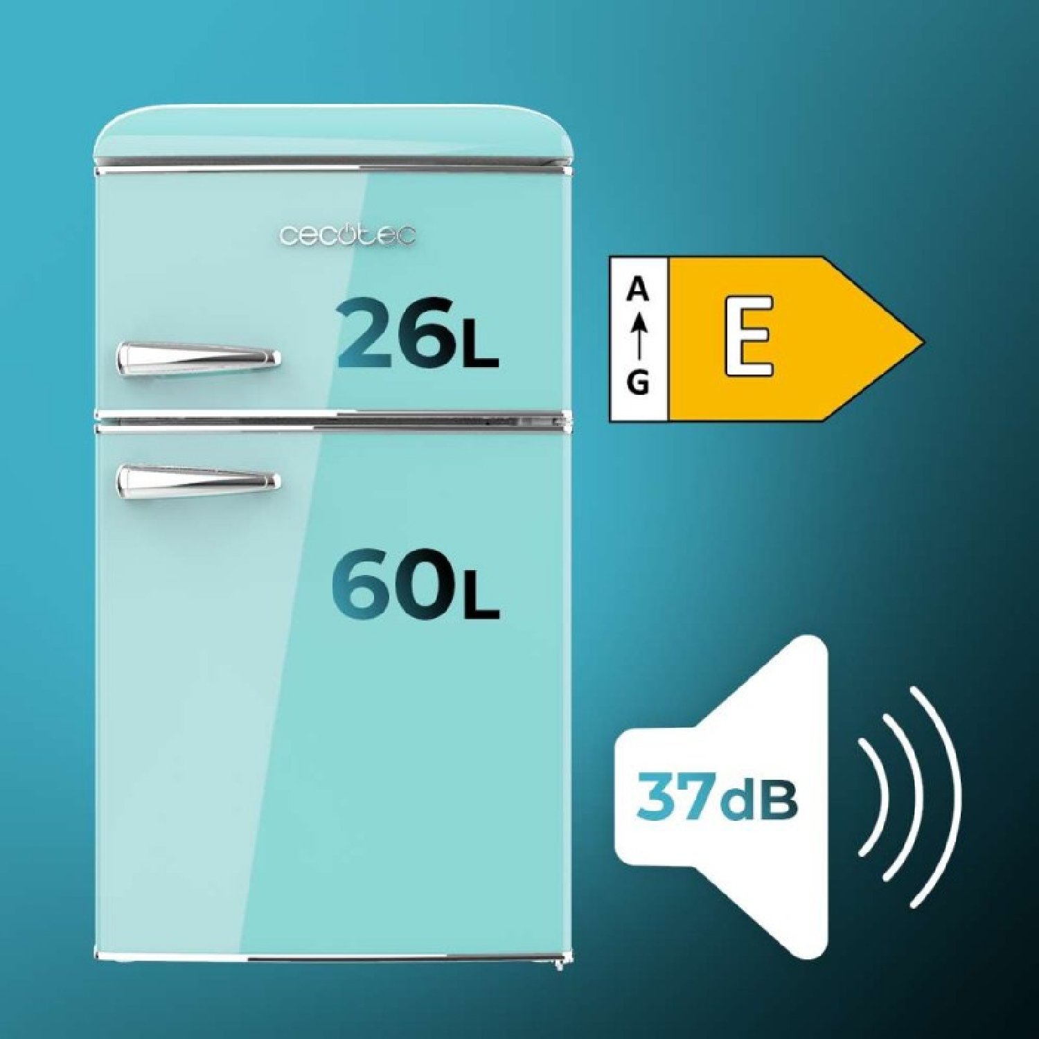 Turkusowa lodówka z 2 drzwiami pokazująca pojemność, ze wskaźnikiem poziomu hałasu.