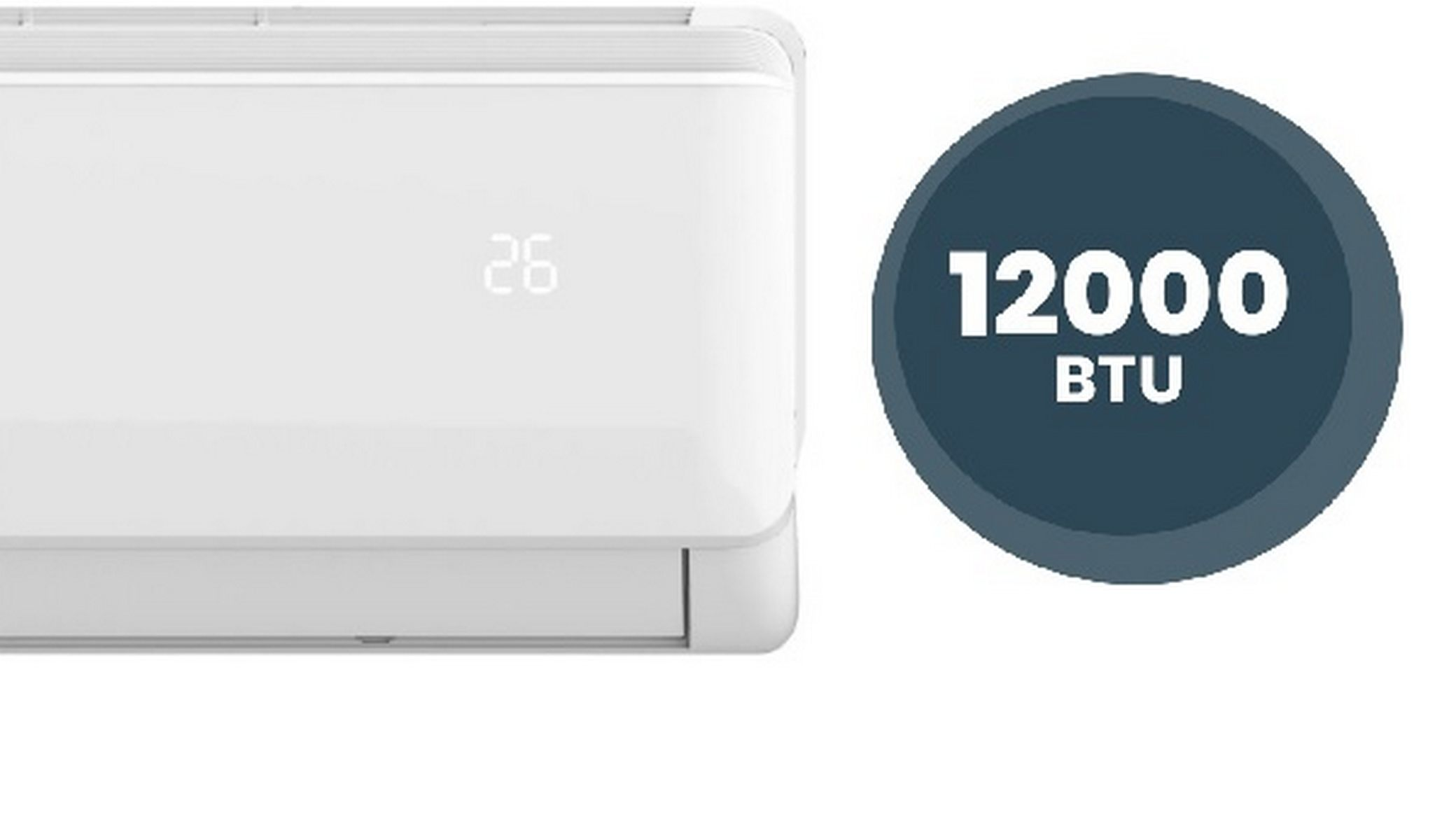 Unidad de aire acondicionado blanca con pantalla digital que muestra el número 26 y un letrero redondo.