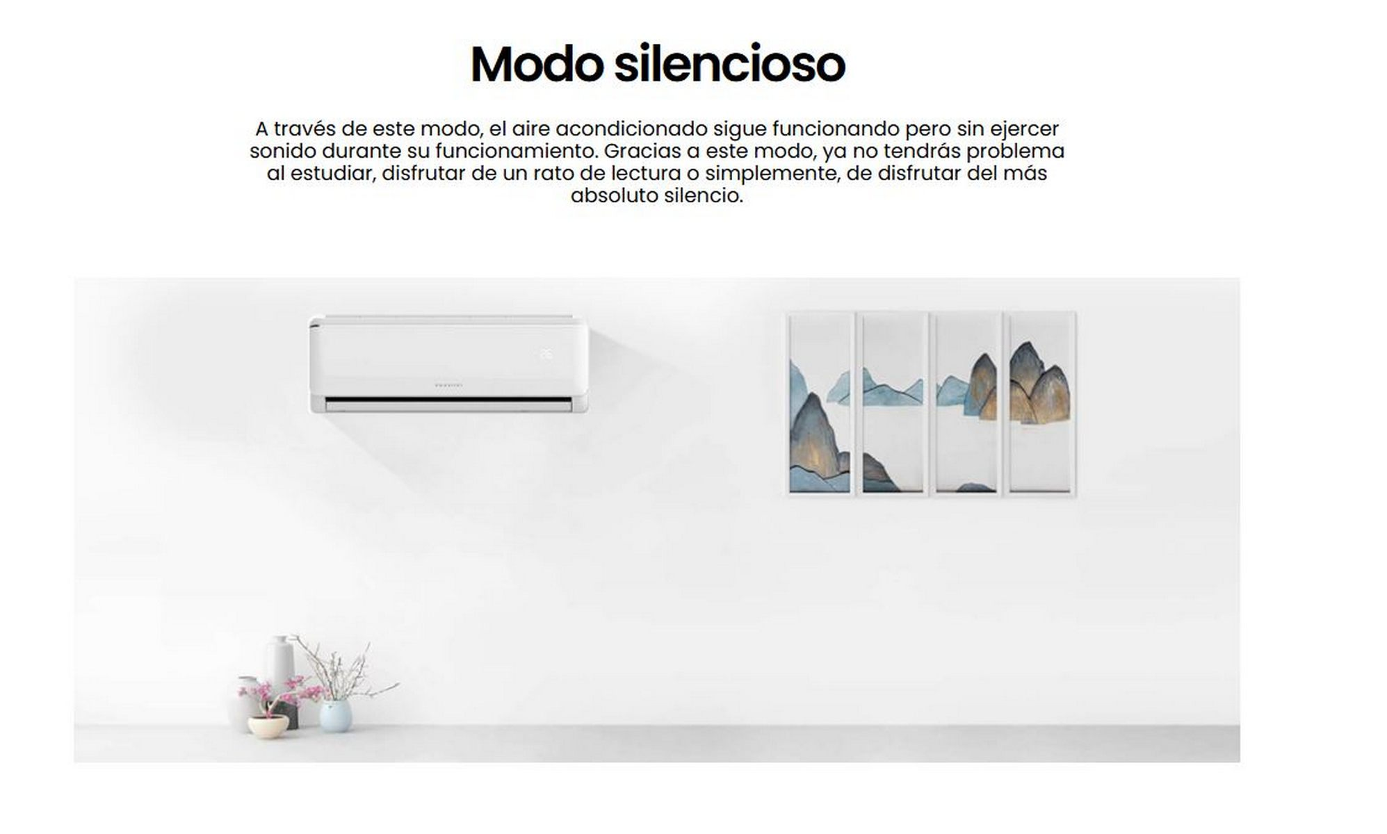 Un aire acondicionado en una pared blanca con texto e impresiones artísticas.