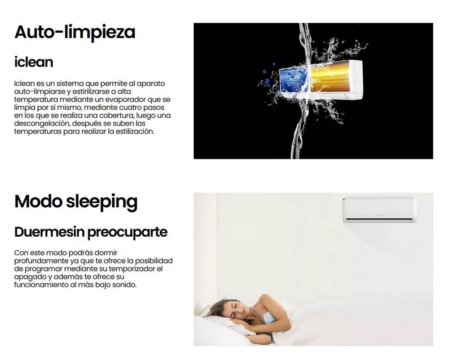Dos imágenes que muestran un aire acondicionado blanco y una mujer durmiendo en una cama.