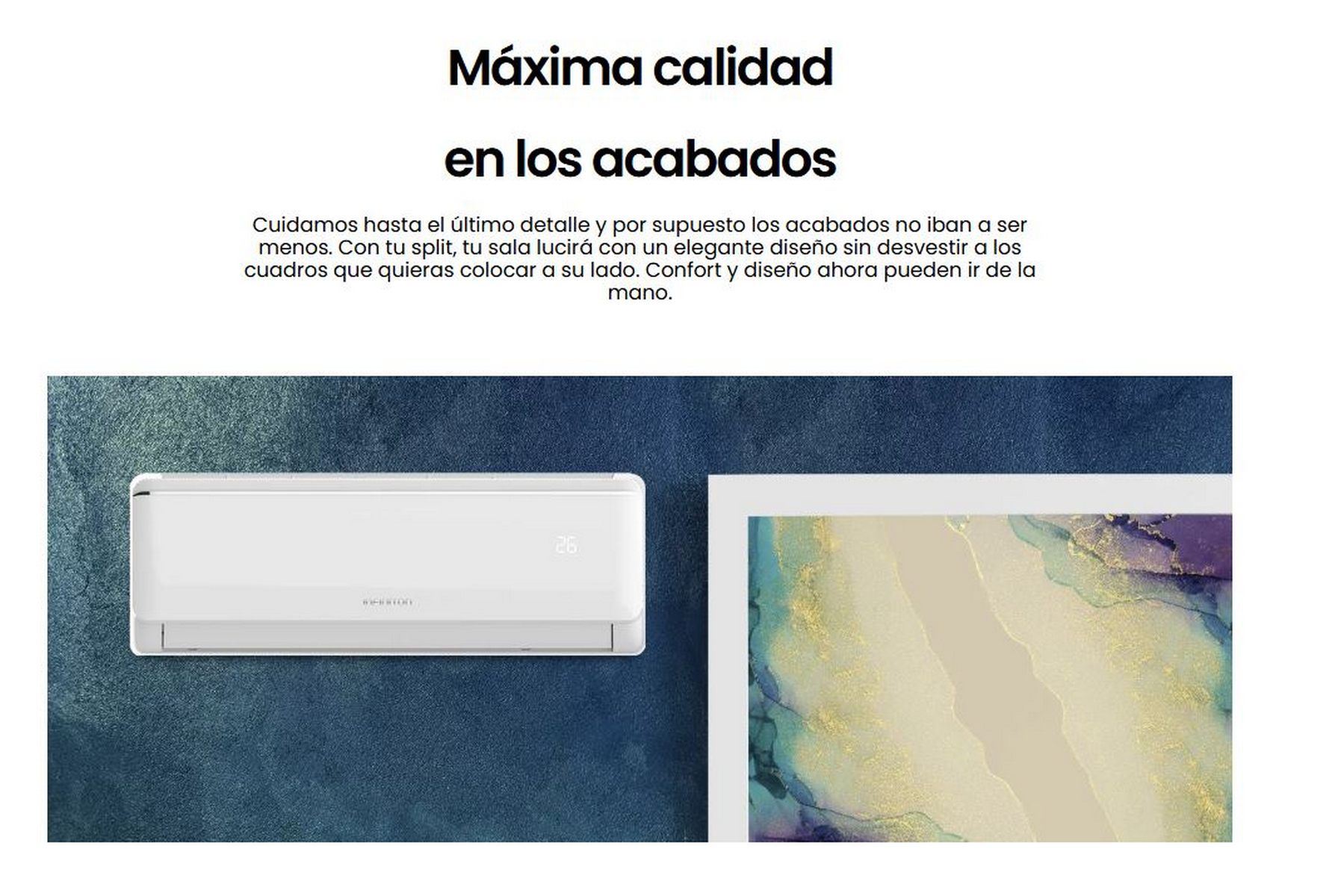 Aire acondicionado blanco y pintura en una pared azul. Texto en español describe características del producto.