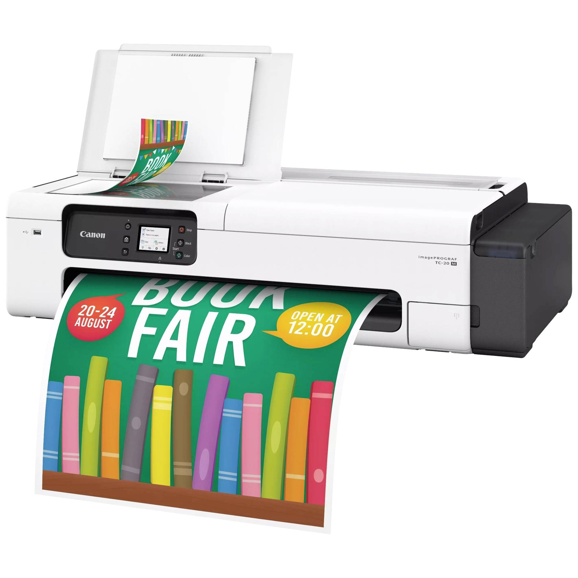 Una stampante Canon bianca che stampa un poster colorato della 'Fiera del Libro'.