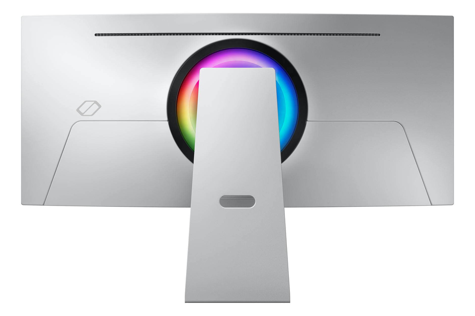 Il retro di un monitor argentato con una luce circolare. Anche il supporto è argentato.