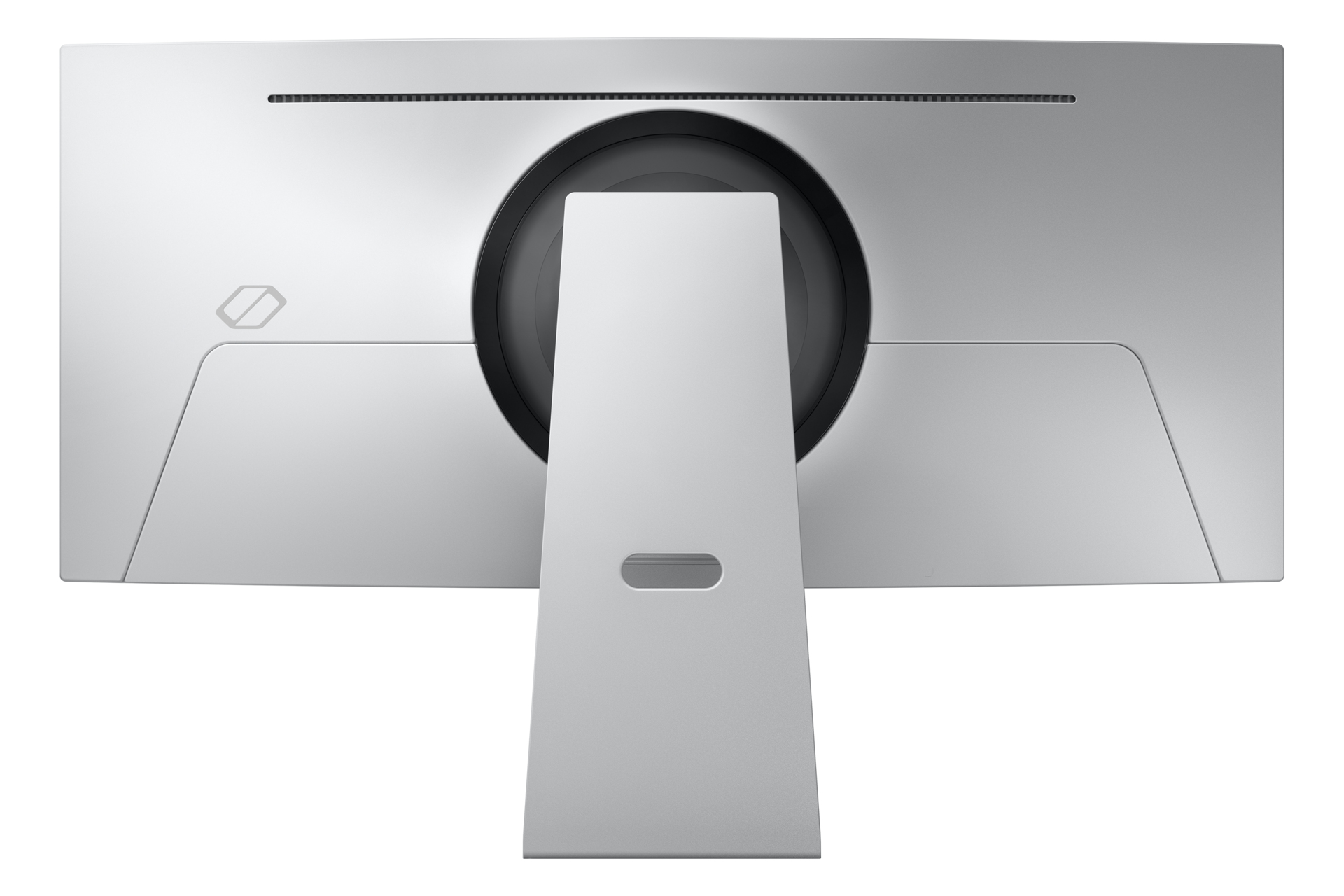 Vista posteriore di un monitor argentato con supporto. Un logo è in alto a sinistra.