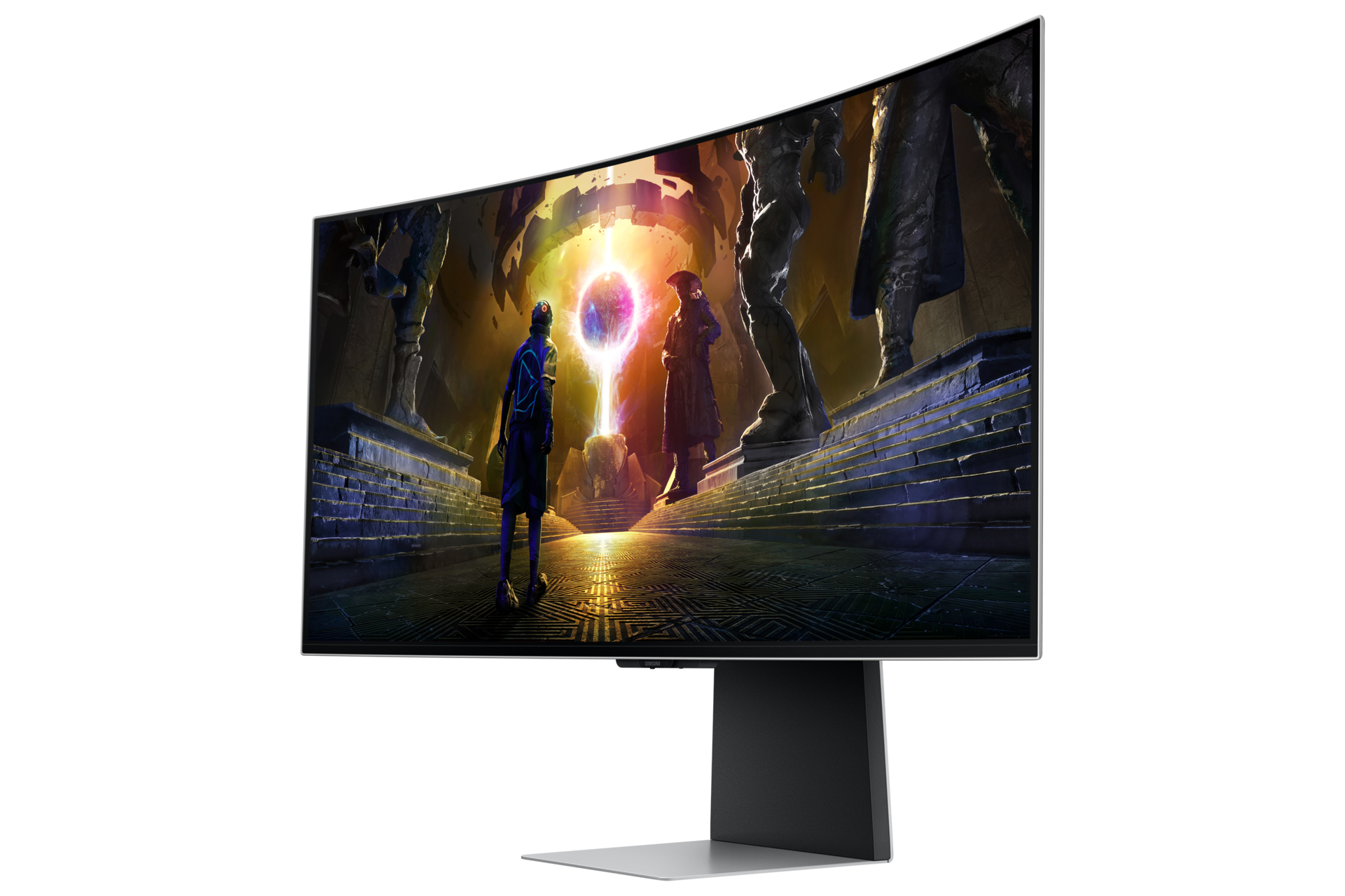 Monitor curvo che mostra una scena fantasy. Due figure davanti a un portale, con luce e sfondo scuro.