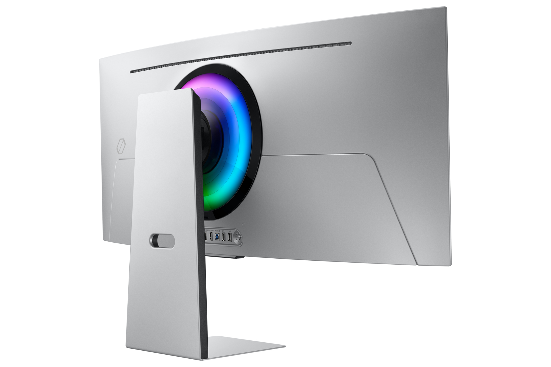 Monitor argentato con luce circolare colorata sul retro e sfondo bianco.