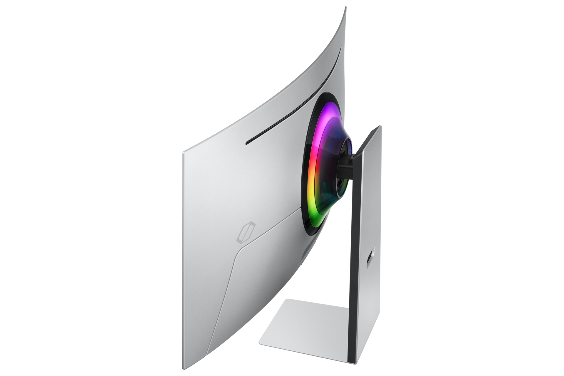 Un monitor curvo con retro argento e un anello luminoso colorato attorno al supporto.