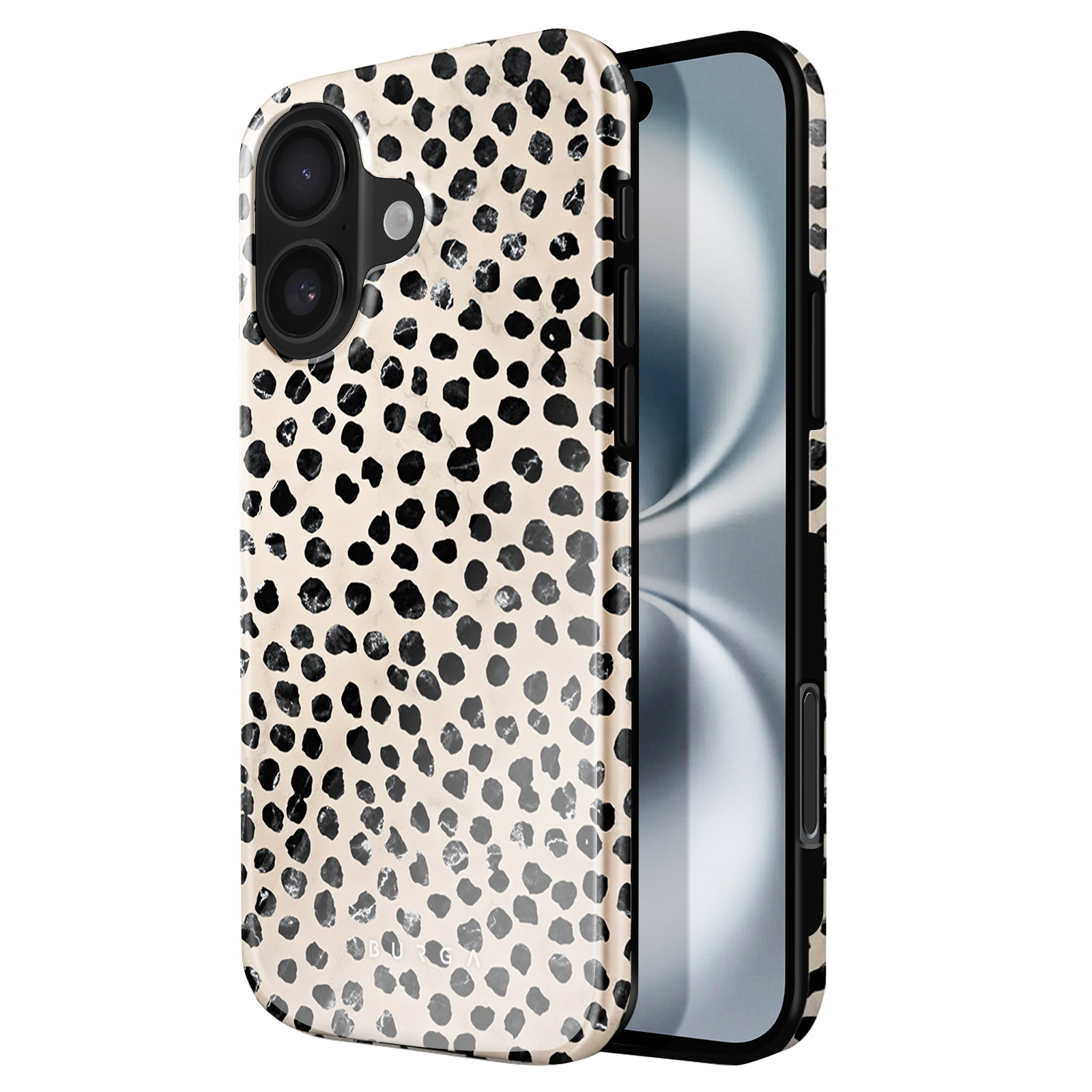 Telefoonhoesje met zwart-witte stippen. Telefoon erin, scherm zichtbaar. Zwarte rand.