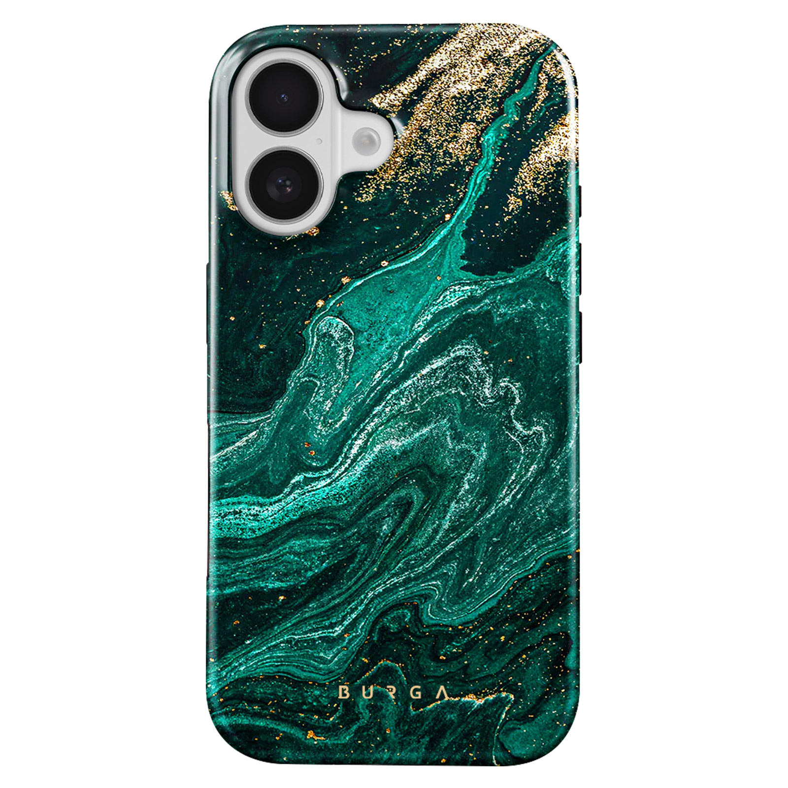 Groene telefoonhoes met marmerdesign en gouden accenten. Merknaam BURGA onderaan.