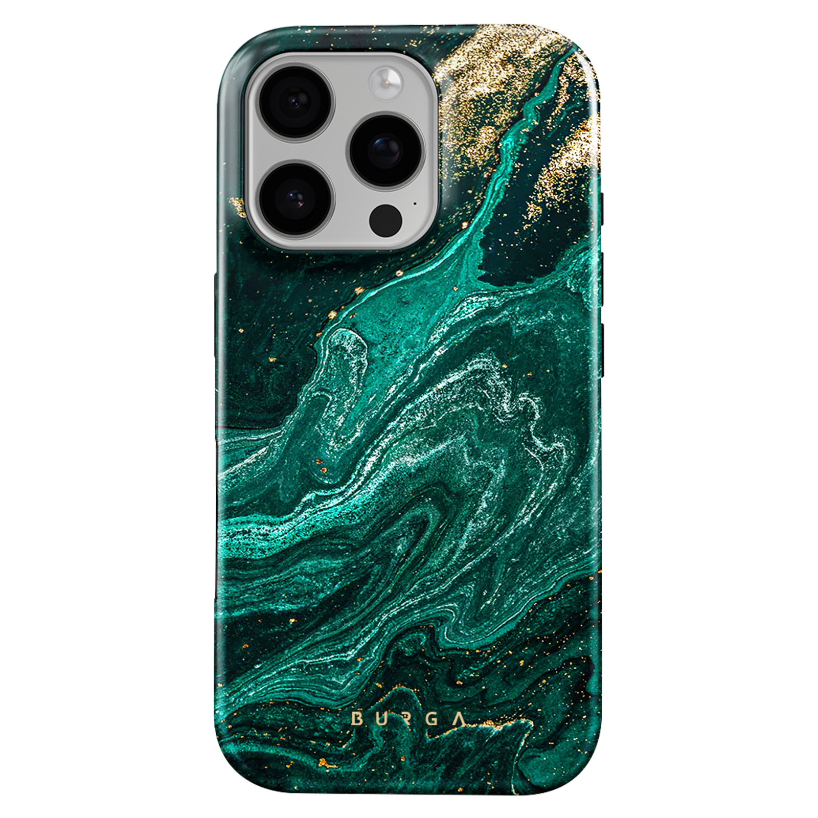 Groene marmeren telefoonhoes met gouden accenten en een camerabult. Witte achtergrond.