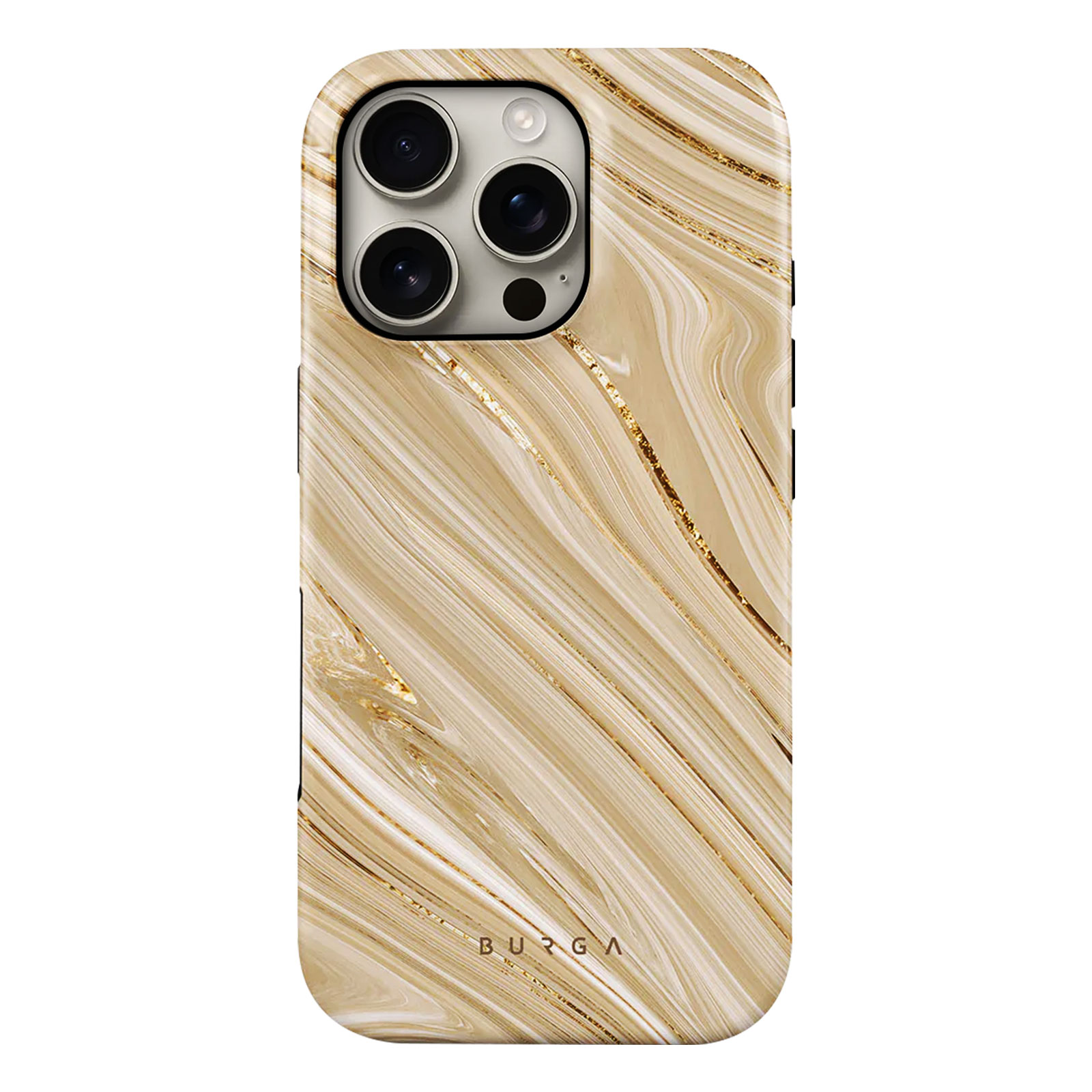 Smartphonehoesje met een marmerontwerp. Voorzien van een goudkleurig patroon op een beige achtergrond. Heeft camera-uitsparingen.
