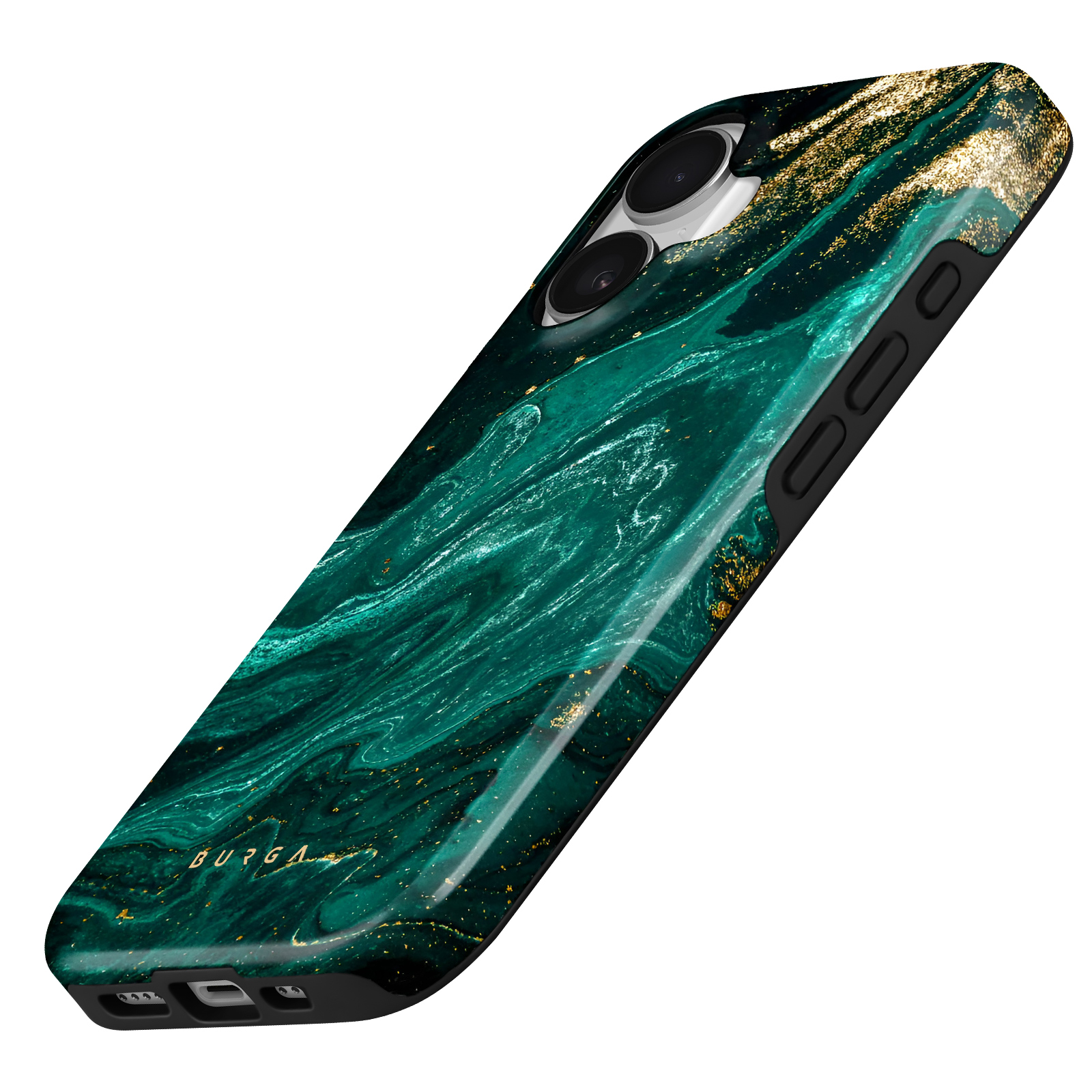 Groene marmeren telefoonhoes. Gouden vlekken en zwarte randen. Burga-merk is zichtbaar.