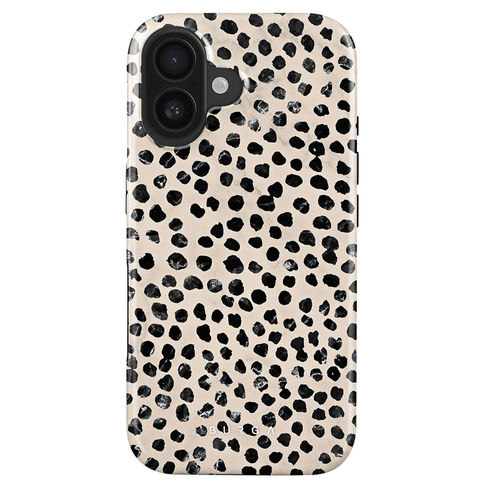 Telefoonhoesje met zwarte vlekken op een crème achtergrond. Heeft een cameralens.