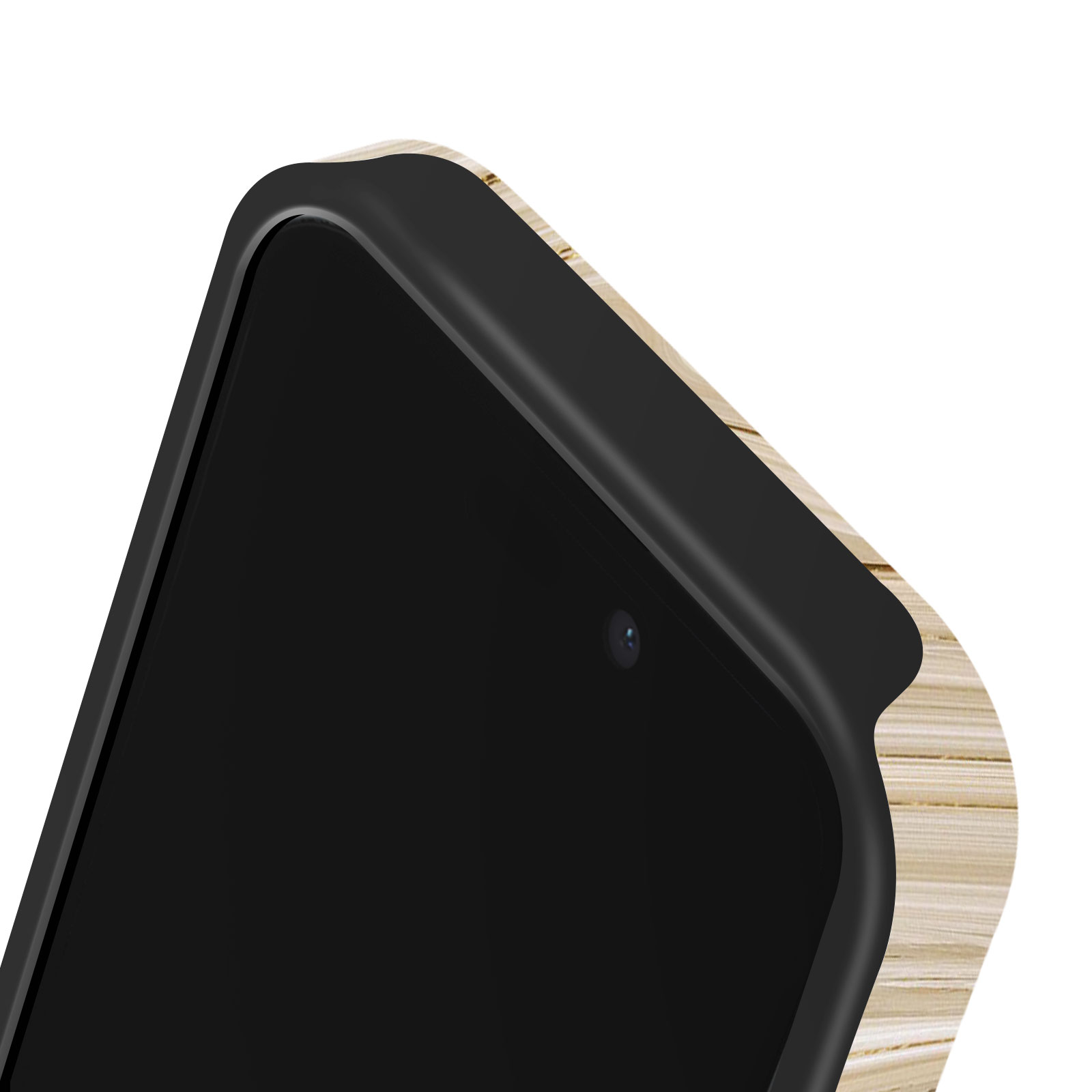 Close-up van een telefoonhoesje, zwart scherm met houten randen, gebogen vorm.