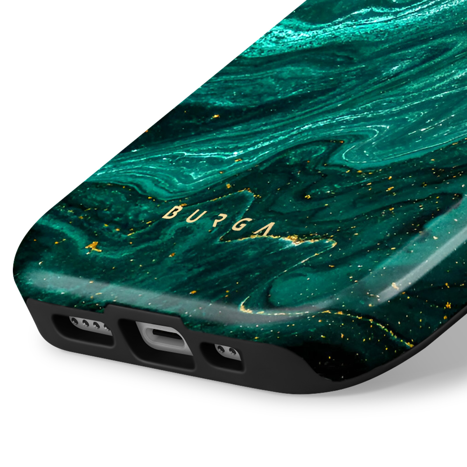 Close-up van een telefoonhoesje met een groen marmerontwerp en de gouden tekst 'BURGA'.