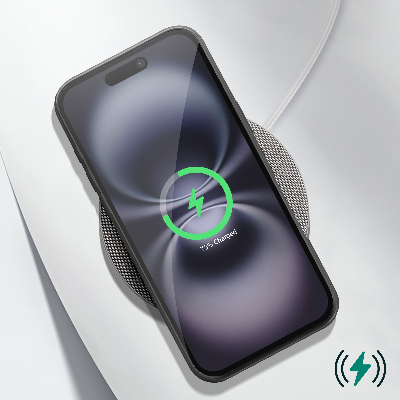 Een telefoon die draadloos wordt opgeladen. Het scherm toont een oplaadpictogram met 75% opgeladen.