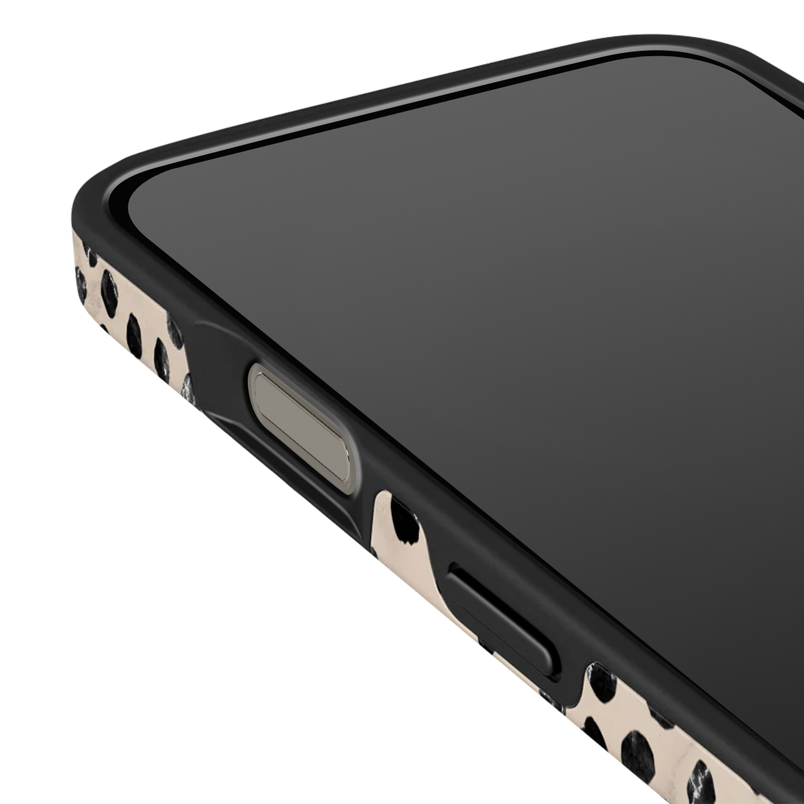 Close-up van een telefoonhoesje met een zwarte rand en een patroon.