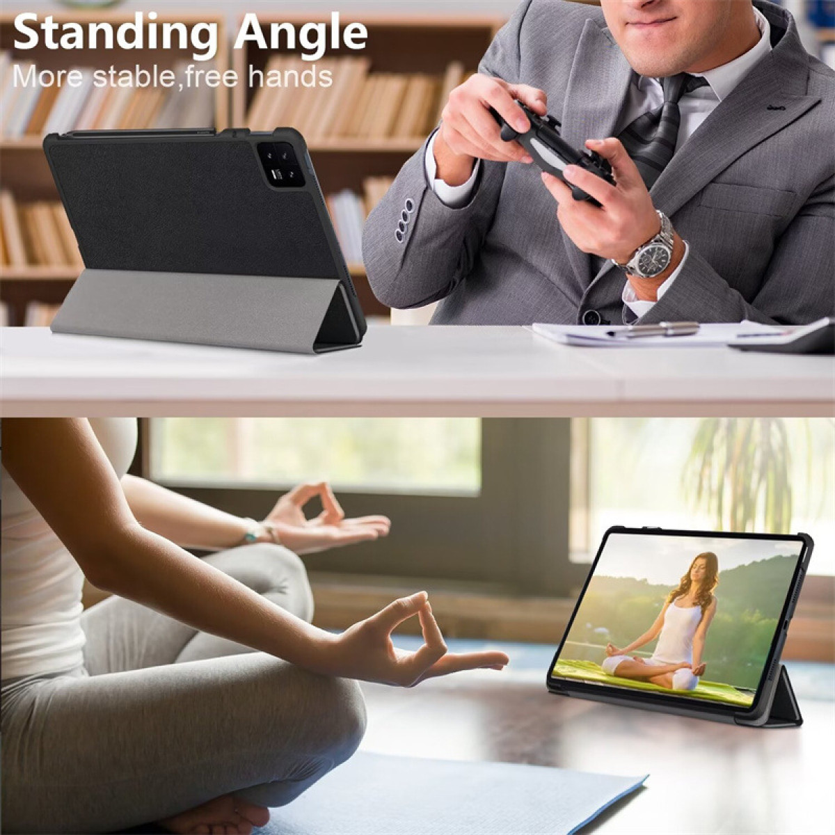 Eine Tablethülle mit einem Mann, der spielt, und einer Frau, die meditiert, zeigt den Aufstellwinkel.