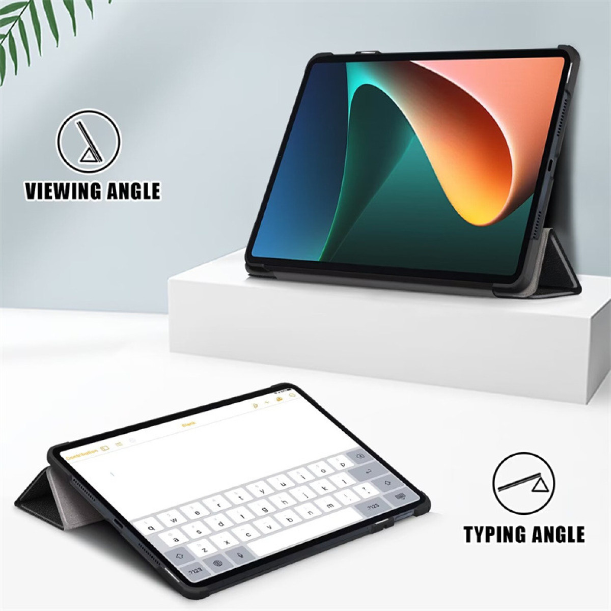 Tablet in einer Hülle, die Betrachtungs- und Tippwinkel zeigt, mit Tastatur auf dem Bildschirm.