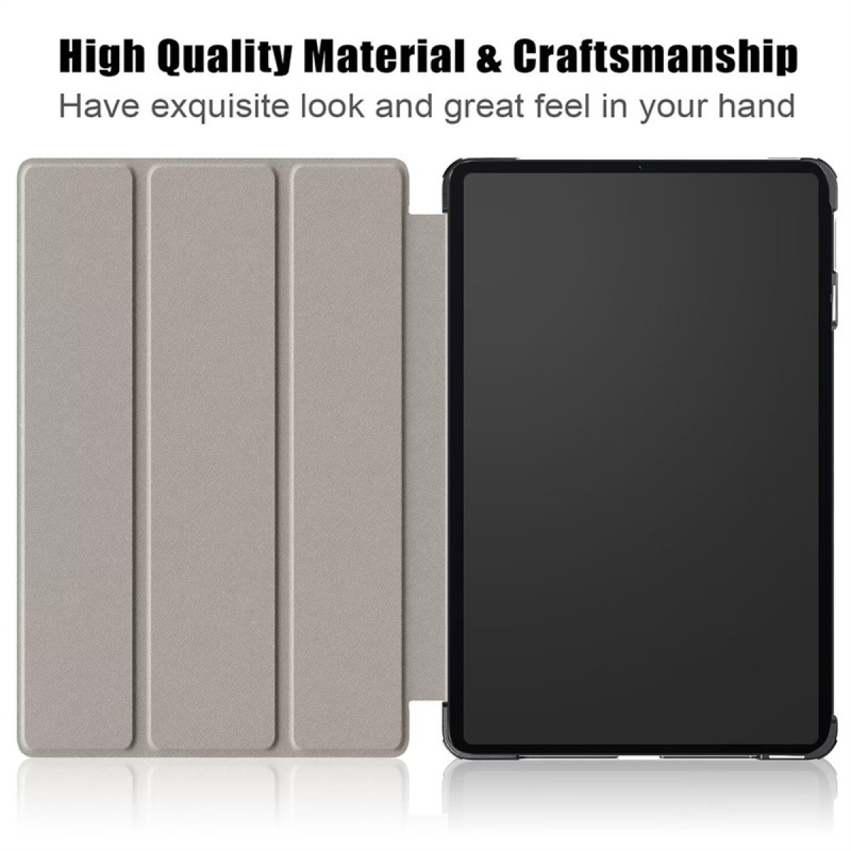 Geöffnete Tablet-Hülle. Sie ist hellgrau mit einem Tablet darin. Text: 'Hochwertiges Material'.