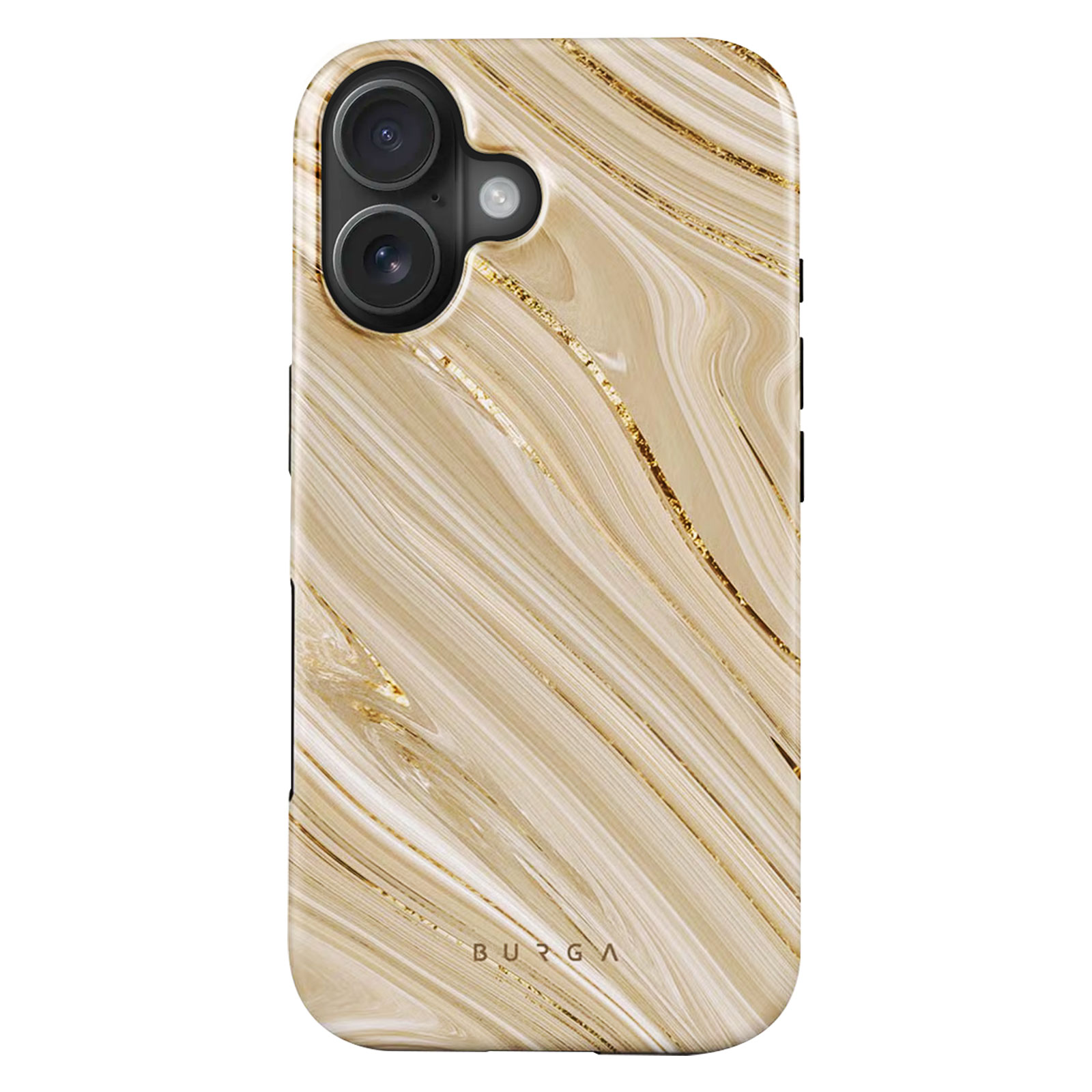 Telefoonhoesje met een marmerachtig patroon, gouden lijnen. Het heeft twee cameralenzen. Witte achtergrond.
