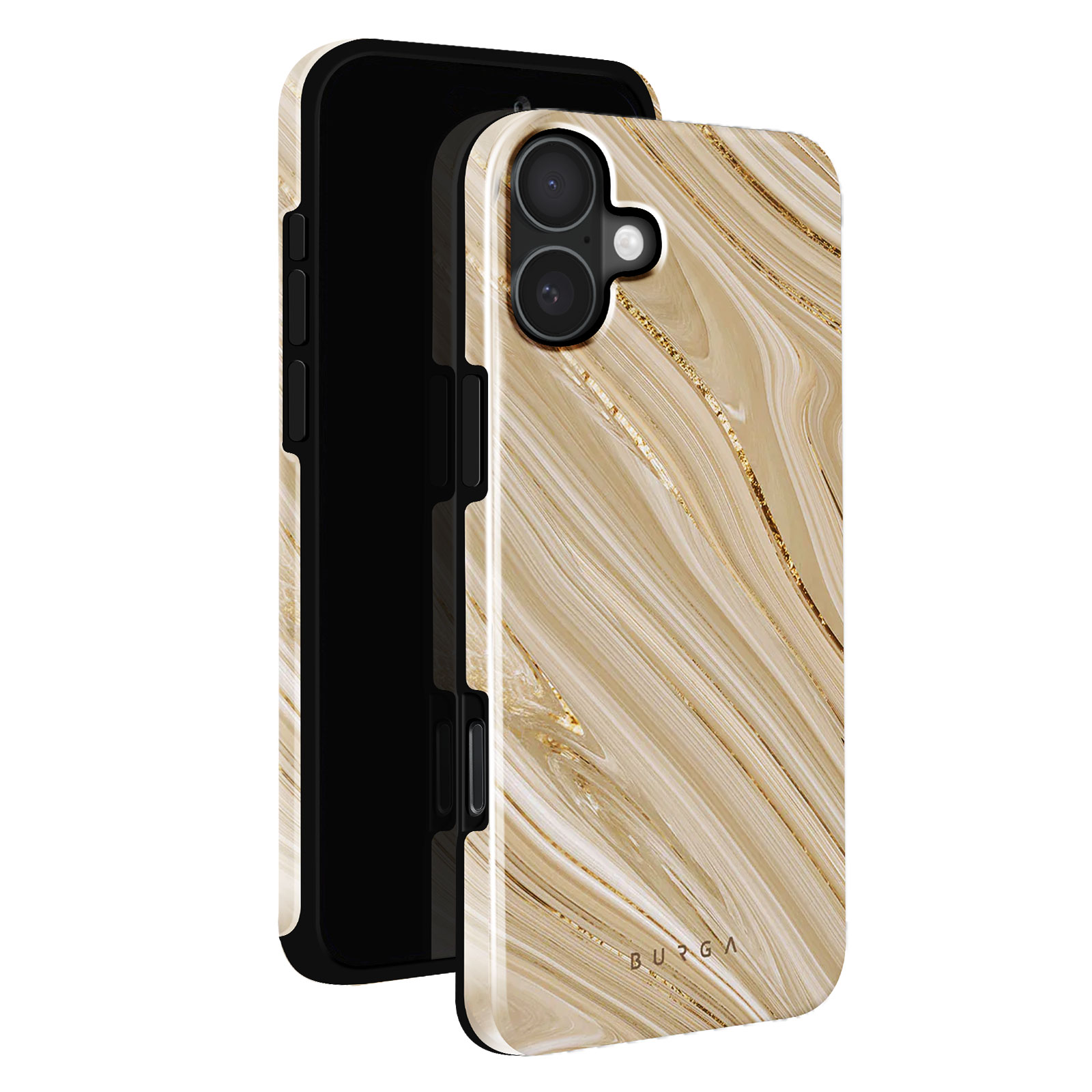 Een telefoonhoesje met een marmerdesign, gouden accenten. De telefoon is zwart, de hoes heeft een glanzende afwerking.