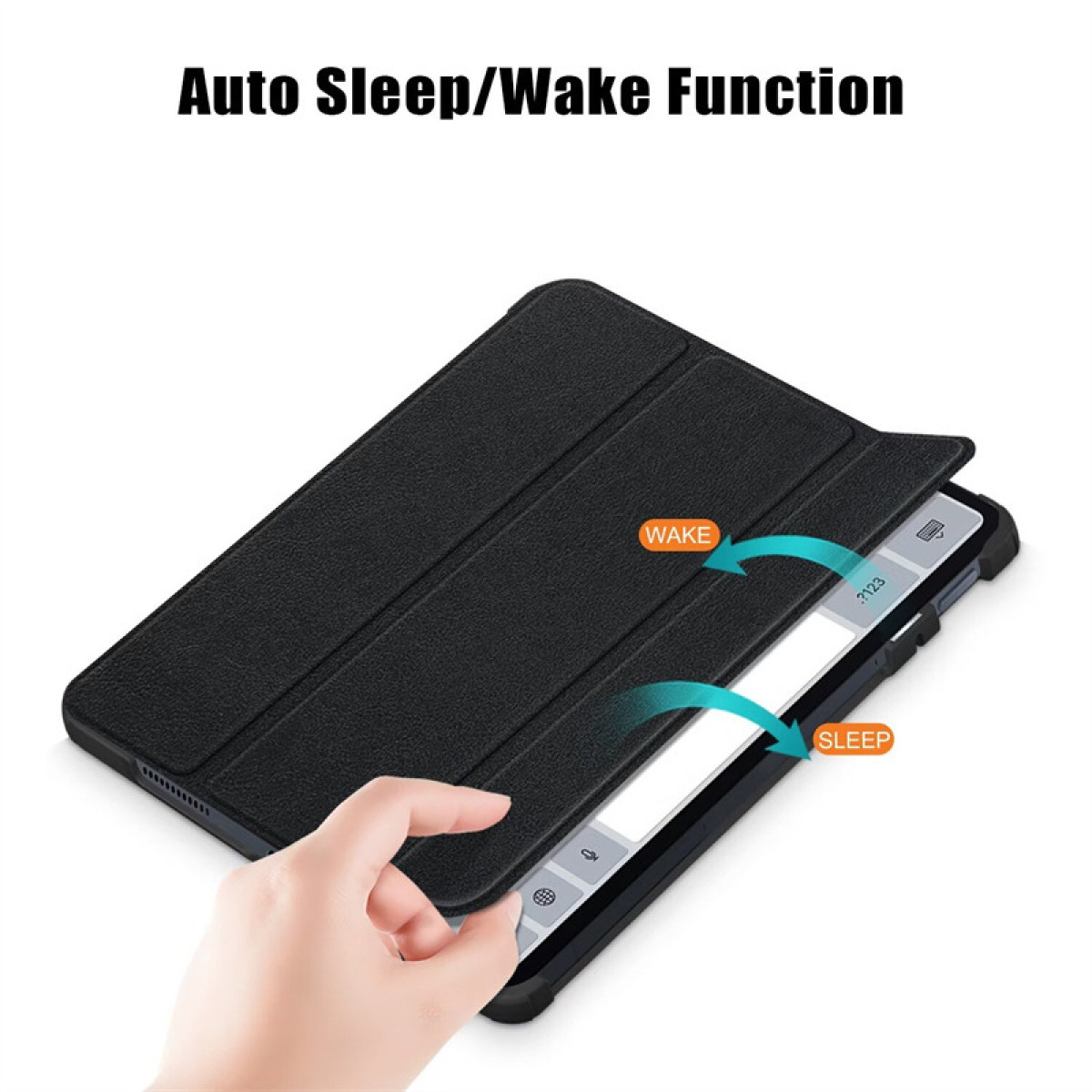 Tablet nero con una cover che recita 'Funzione Auto Sleep/Wake', e una cover aperta.
