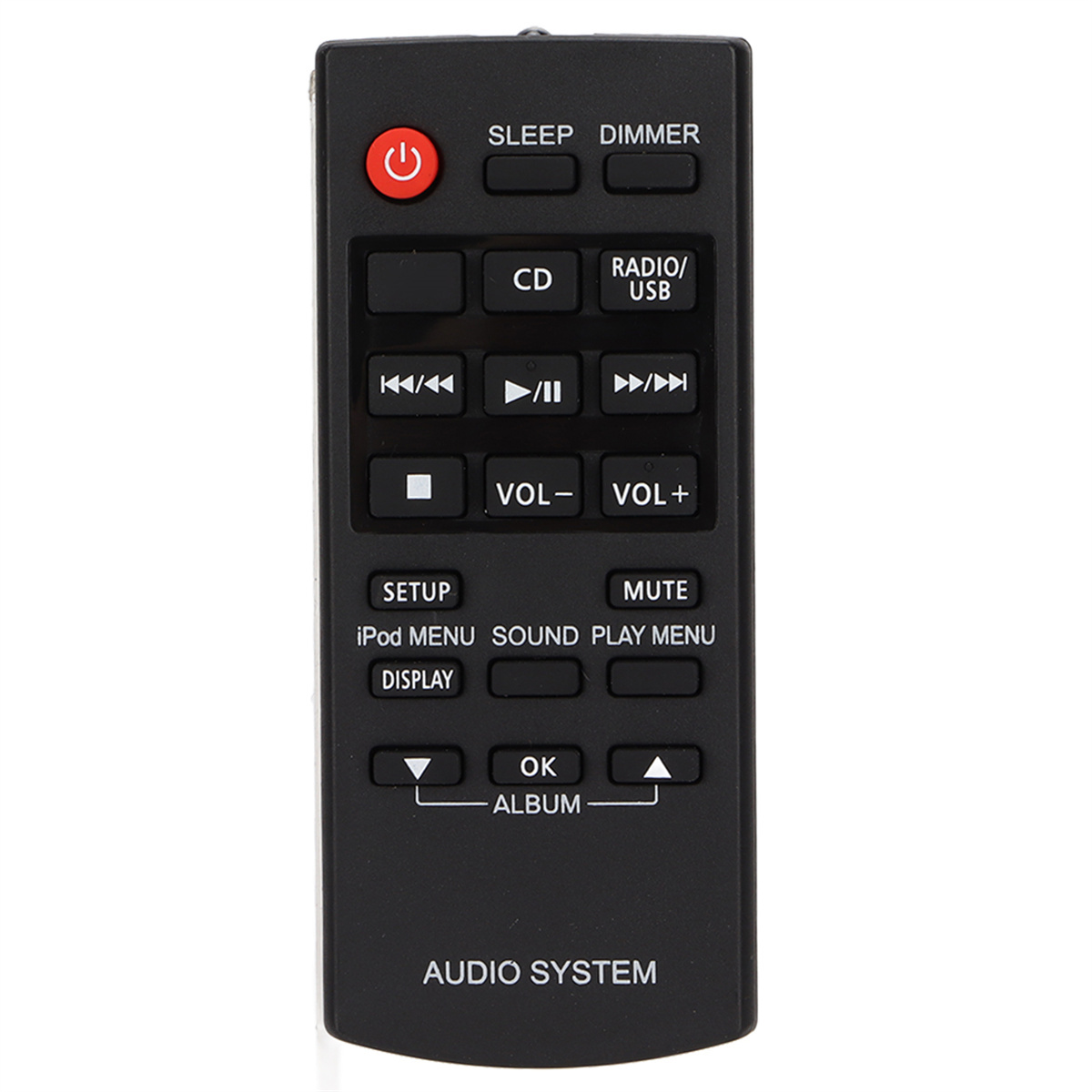 Schwarze Fernbedienung für Audiosysteme. Mit Tasten für CD, Radio, Lautstärke, Einrichtung etc.