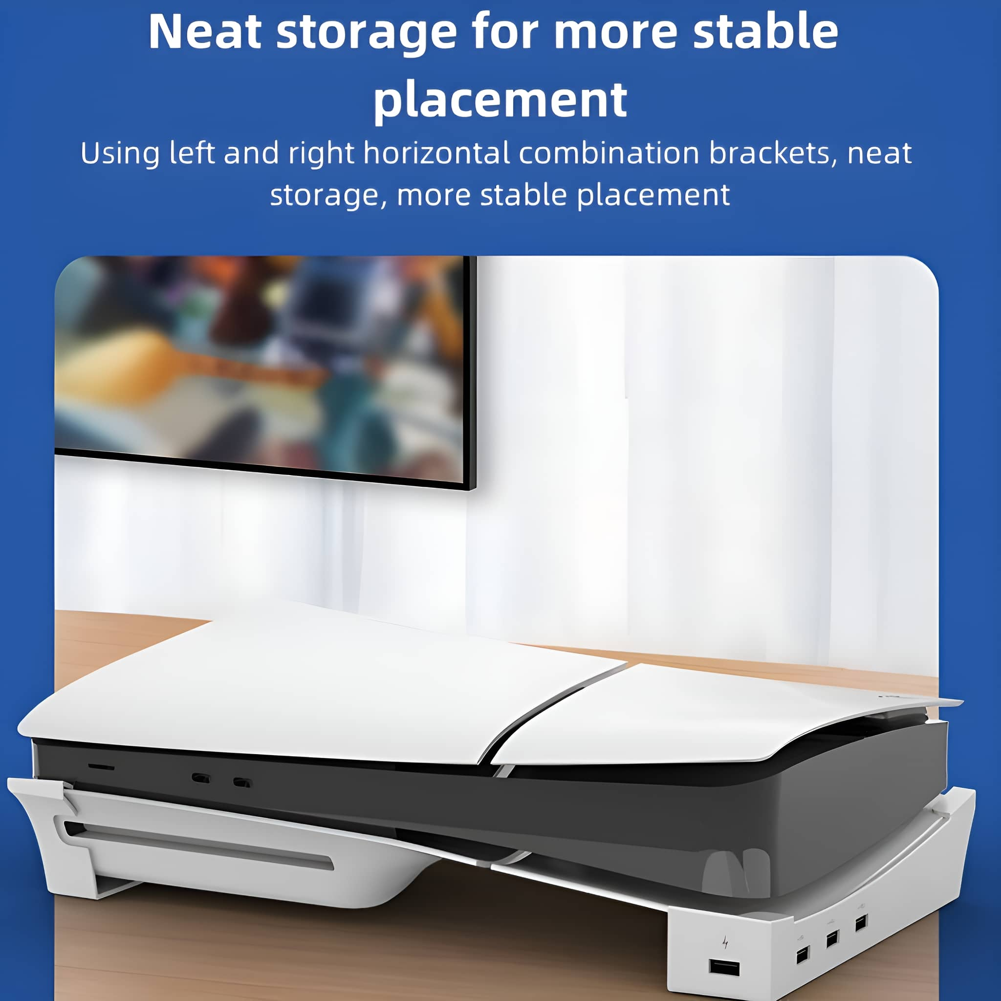 Weiße Konsole mit Halterung auf Holzoberfläche. Text lautet 'Neat storage for more stable placement'.