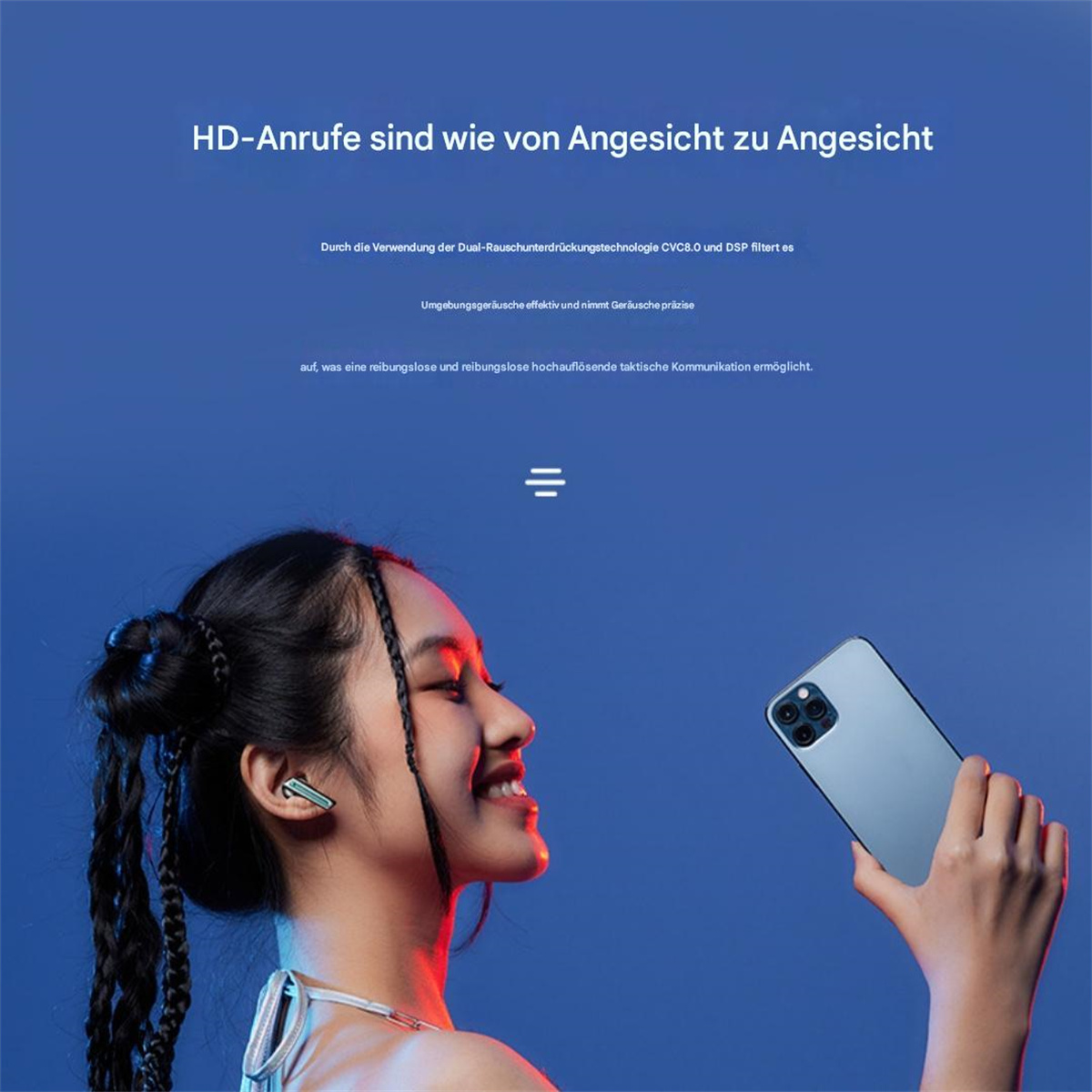 Frau mit Telefon und Ohrhörern, Text auf Deutsch über HD-Anrufe, blauer Hintergrund.
