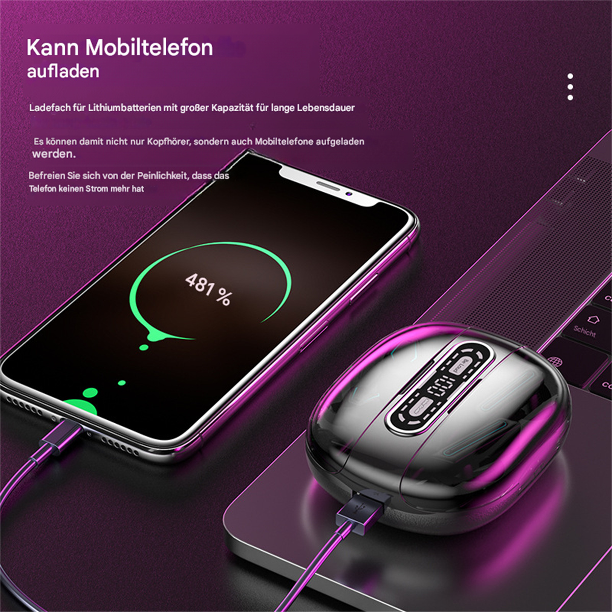 Ein Telefon mit 481 % geladenem Akku, eine Ladestation und Text, der besagt, dass es ein Telefon aufladen kann.