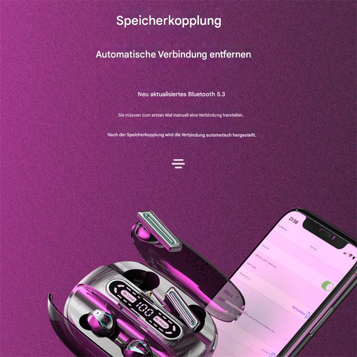 Kabelloses Ohrhörer-Etui, teilweise geöffnet, neben einem Telefon. Text über Bluetooth 5.3 und Kopplung.