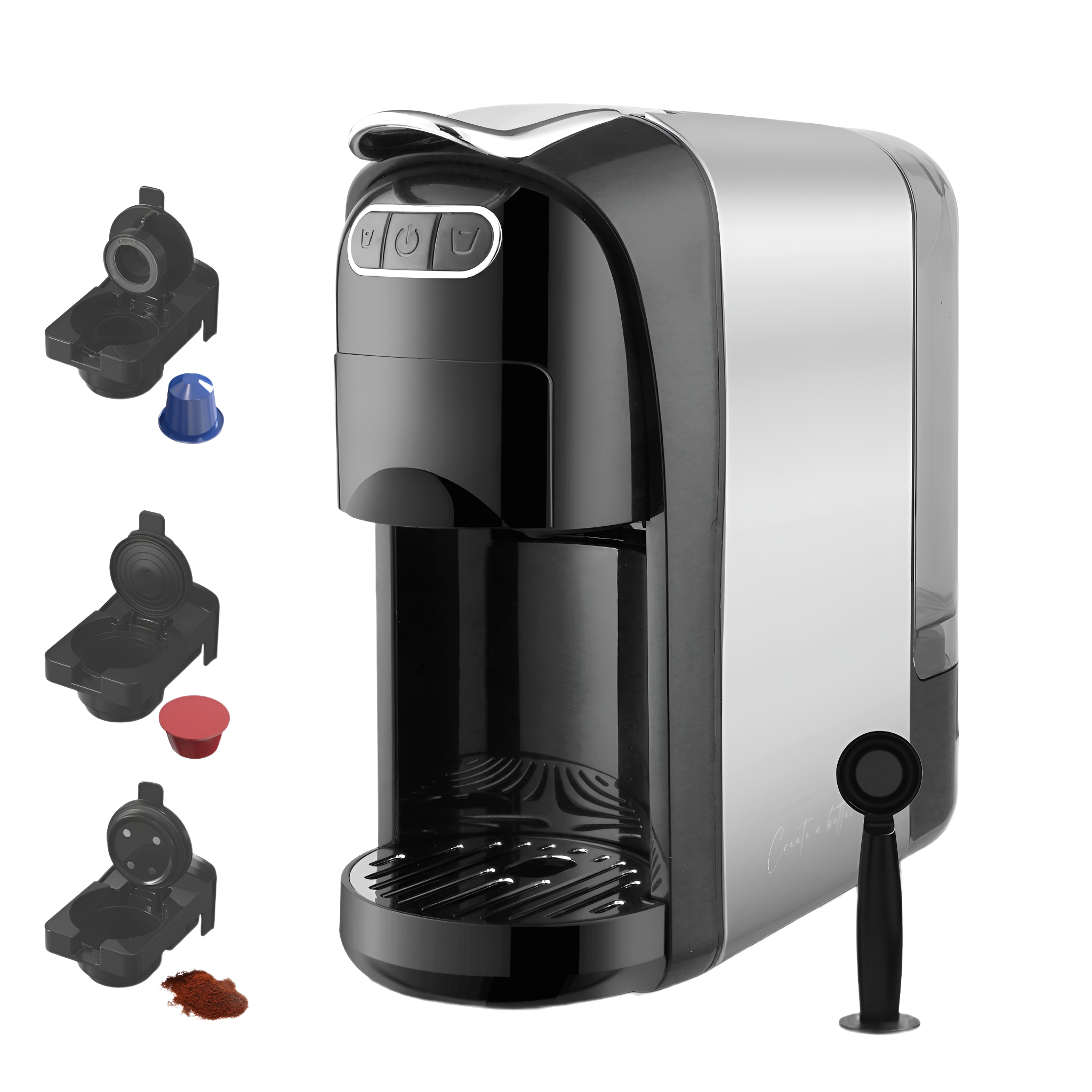 Espressomaschine. Schwarz-silbernes Design. Drei Kapseln und ein Löffel. Kapseln sind im Bild.