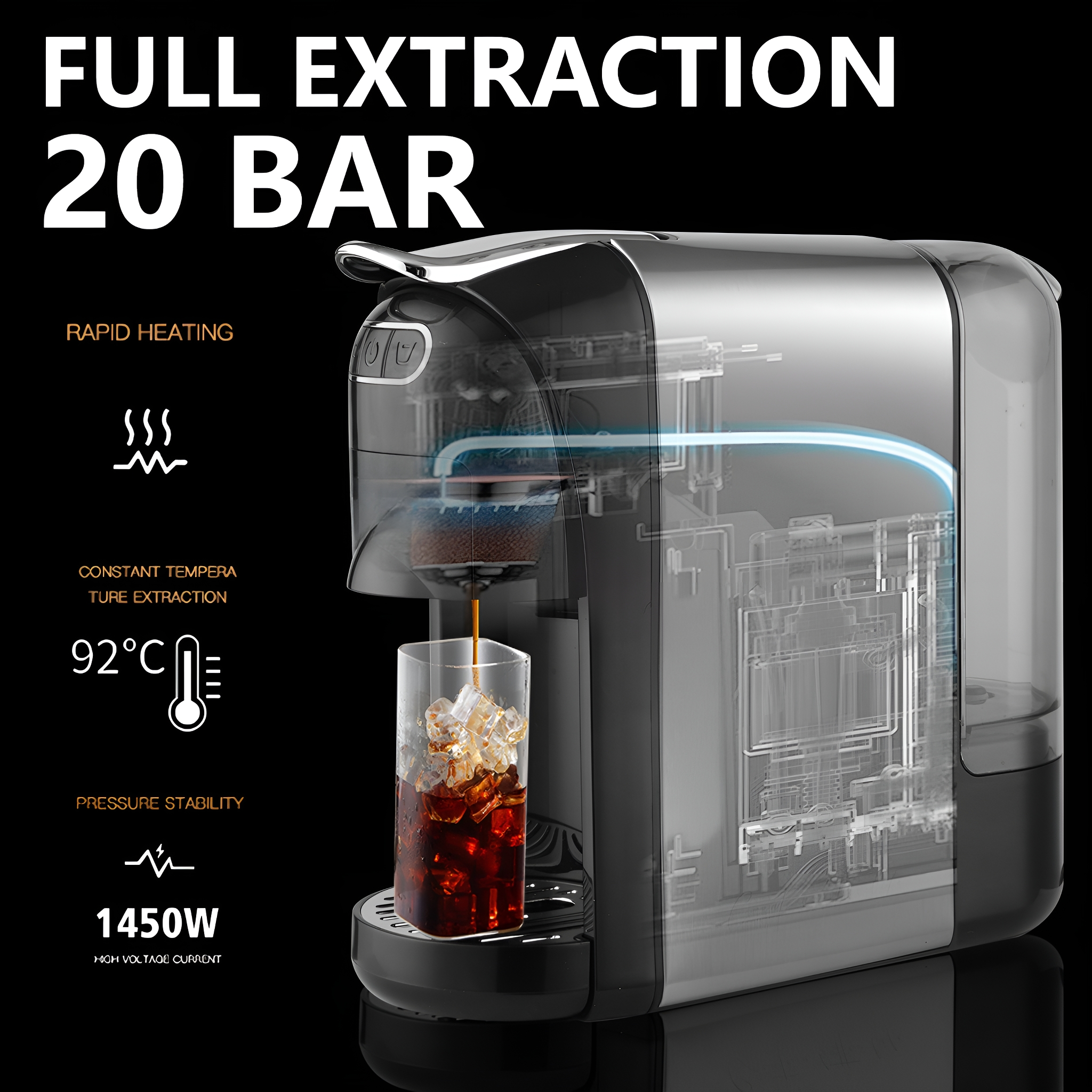Eine Kaffeemaschine mit einem Glas Eiskaffee. Erklärungen der Funktionen sind ebenfalls sichtbar.