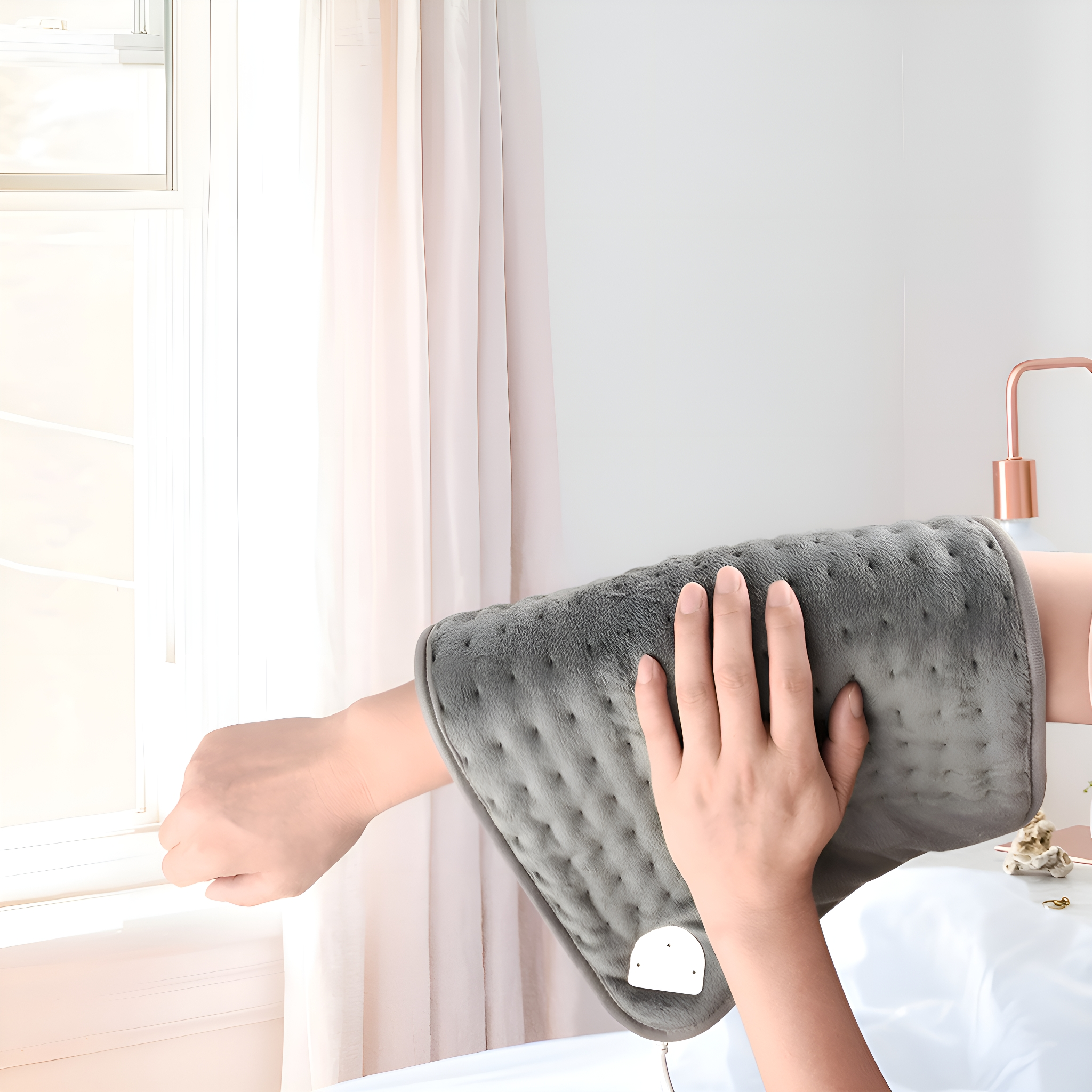 Eine Hand hält ein graues Heizkissen auf einem weißen Bett. Das Fenster ist im Hintergrund.