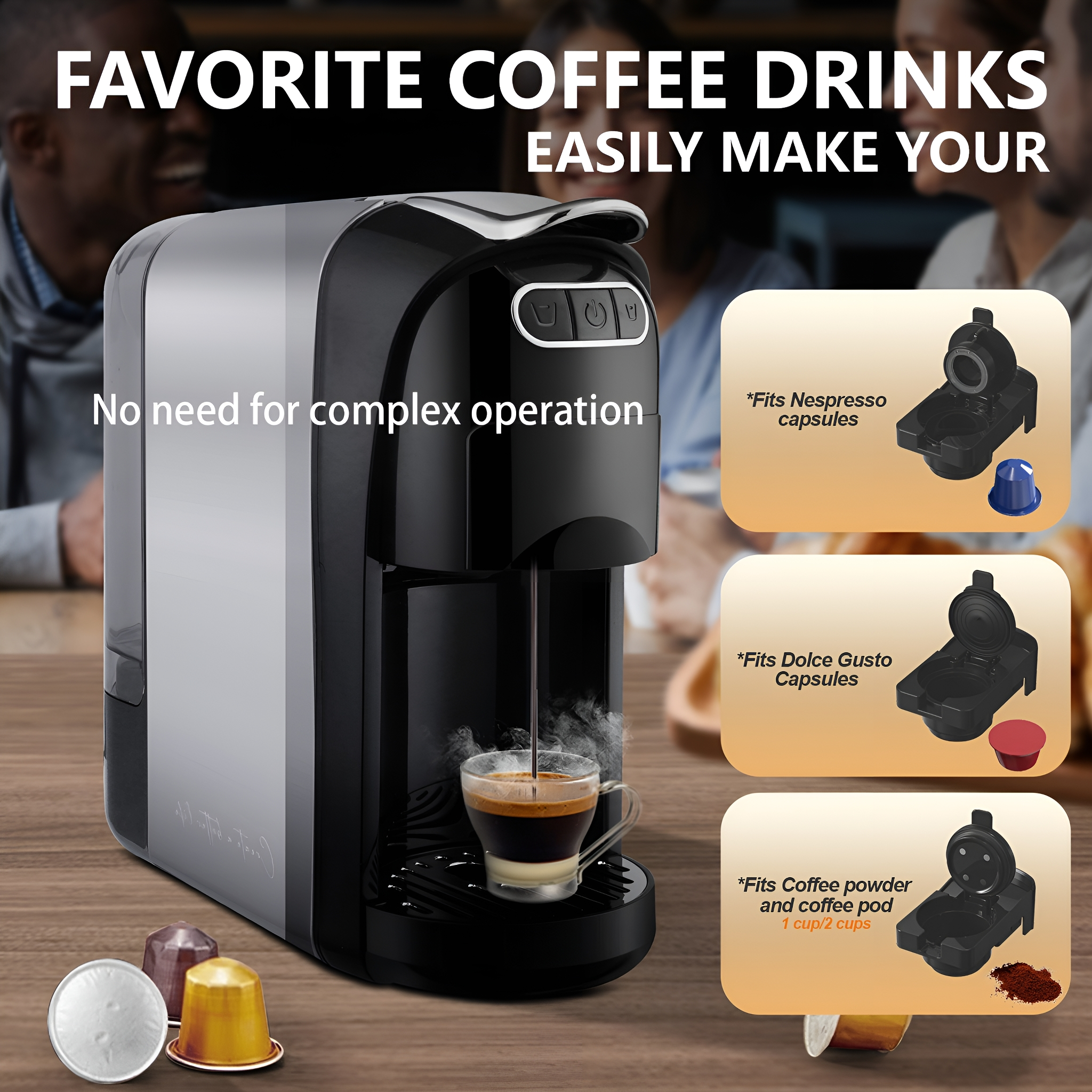 Kaffeemaschine mit Tasse, Kapseln und Anweisungen zur Kaffeezubereitung.