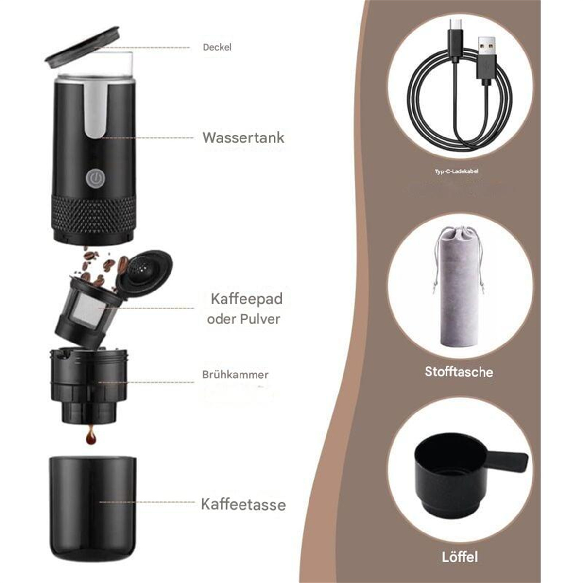 Kaffeemaschine und Zubehör, zerlegt. Komponenten umfassen eine Tasse, einen Filter und ein Ladekabel.