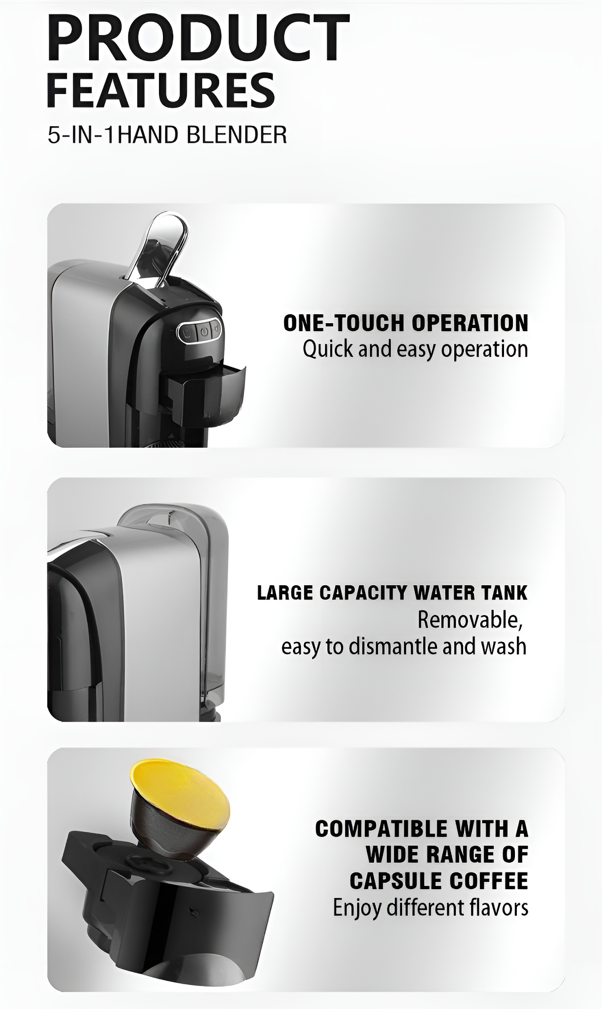 Produktmerkmale eines 5-in-1-Handmixers, einschließlich Ein-Knopf-Bedienung, großem Wassertank und kompatiblen Kapseln.