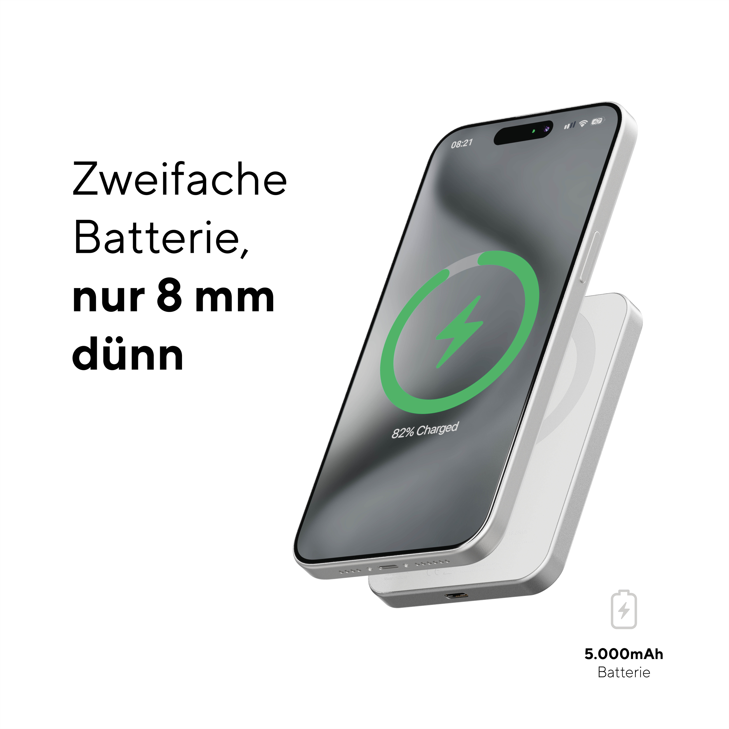 Weiße Ladestation mit einem darauf ladenden Telefon. Akkustand wird auf dem Telefon angezeigt.